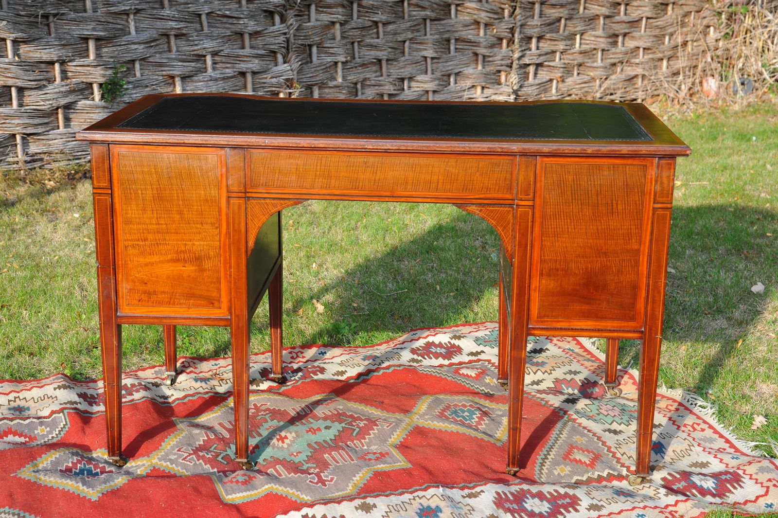 Maple & Co Antique Seven Drawer Twin Pedestal Leather Lined Inlaid Writing Desk photo for sale