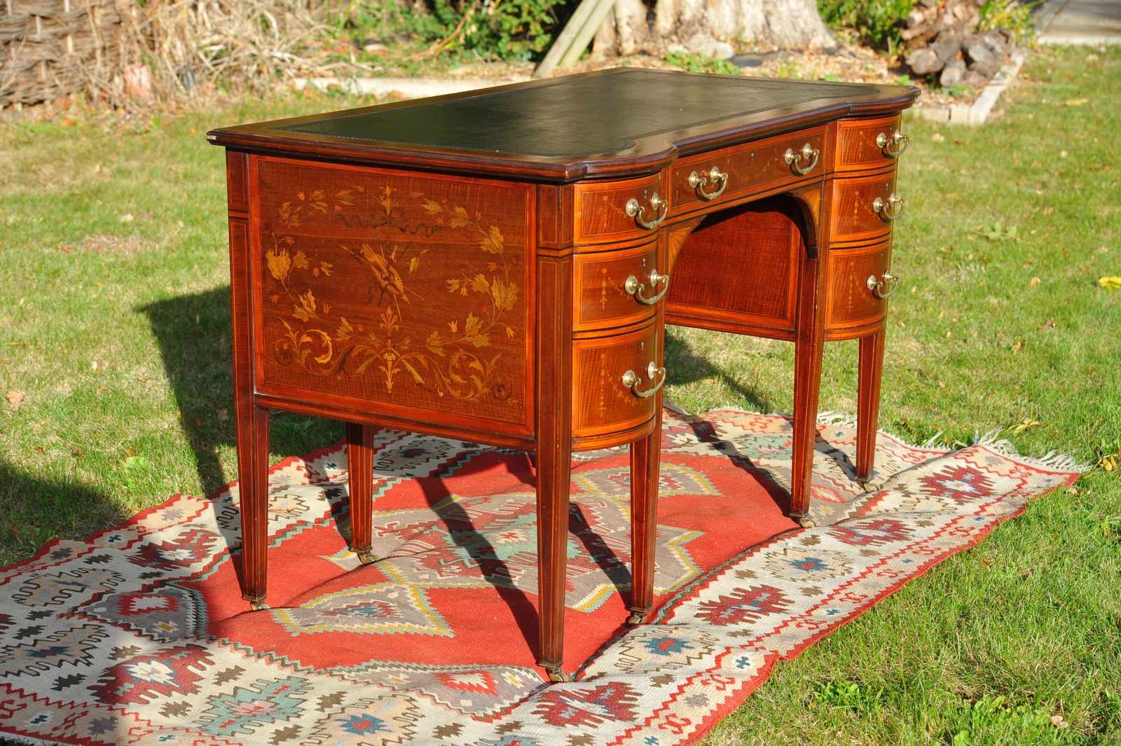 Maple & Co Antique Seven Drawer Twin Pedestal Leather Lined Inlaid Writing Desk photo Furniture