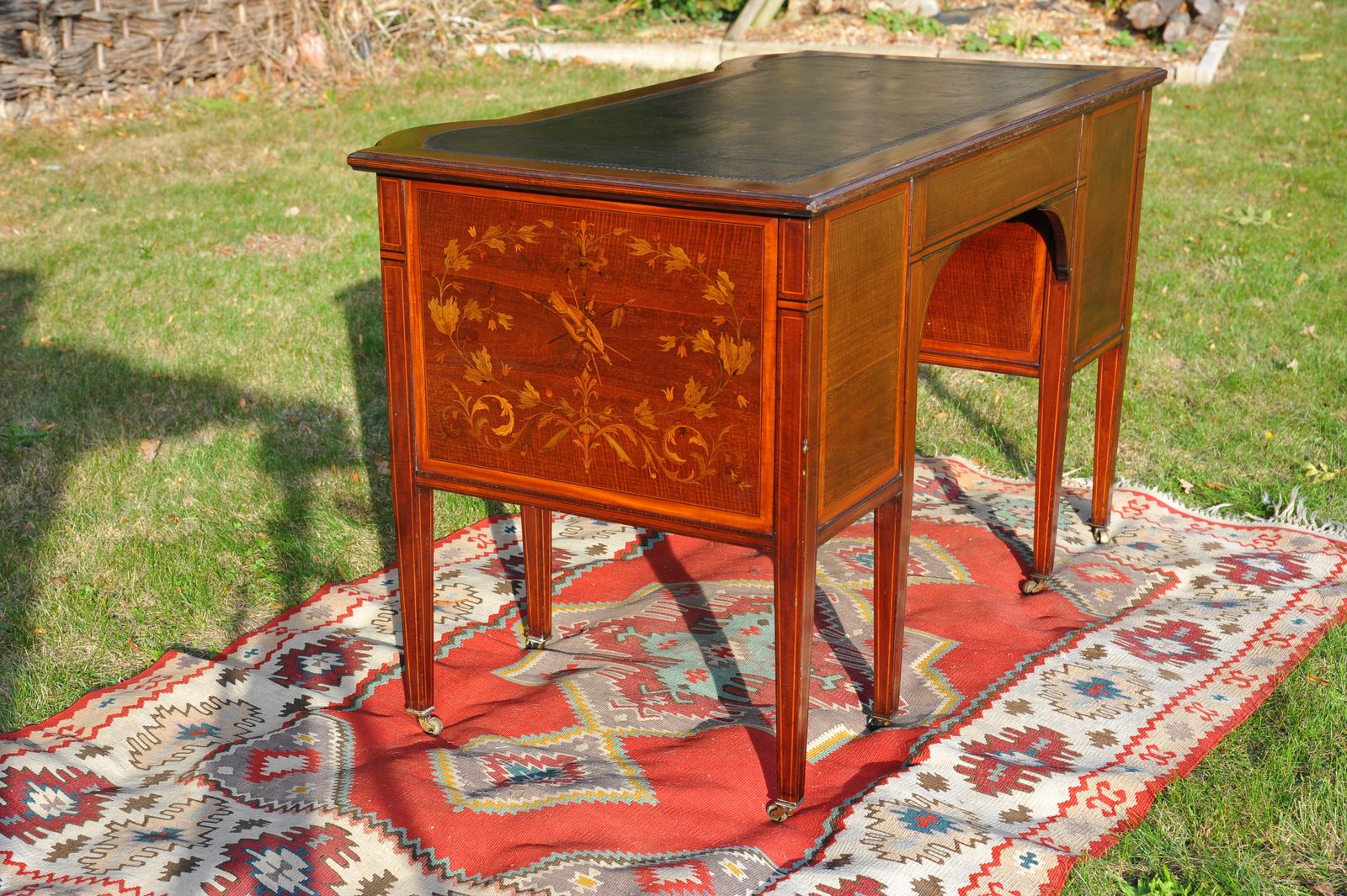 Maple & Co Antique Seven Drawer Twin Pedestal Leather Lined Inlaid Writing Desk photo 2250.0