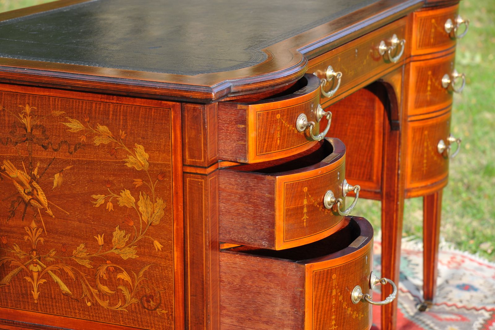 Maple & Co Antique Seven Drawer Twin Pedestal Leather Lined Inlaid Writing Desk photo buy