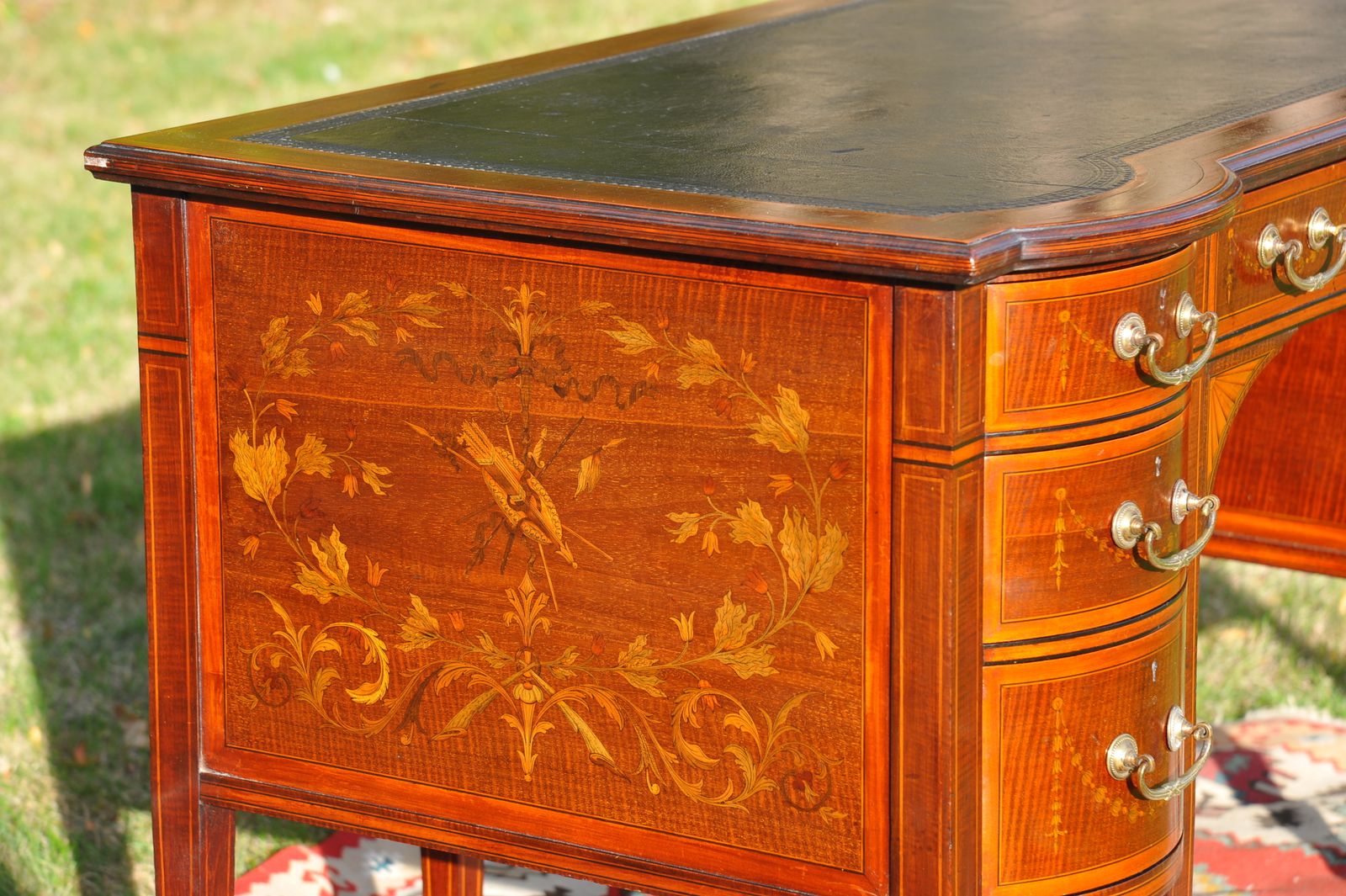 photo furniture Maple & Co Antique Seven Drawer Twin Pedestal Leather Lined Inlaid Writing Desk