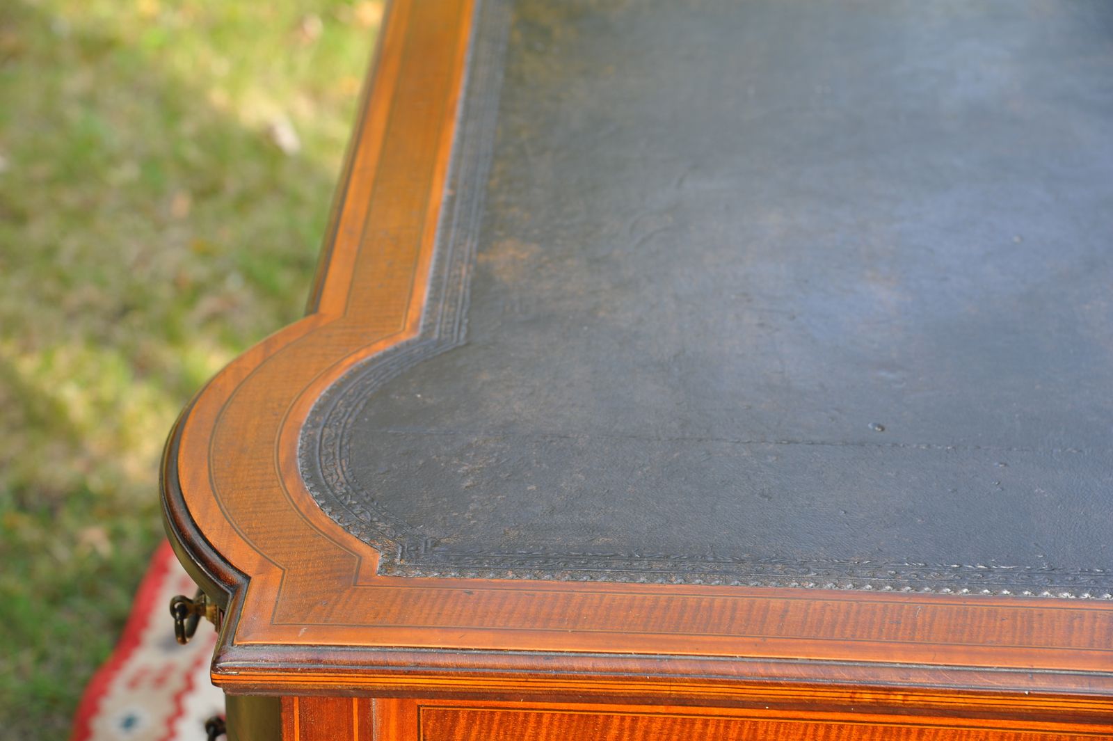 Furniture Maple & Co Antique Seven Drawer Twin Pedestal Leather Lined Inlaid Writing Desk photo