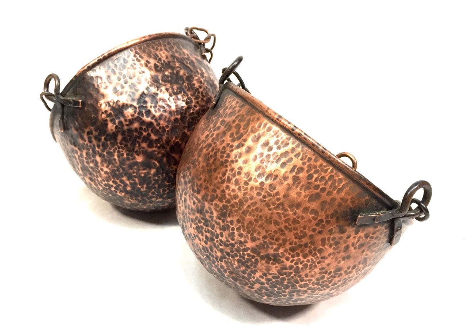 Antique Arts & Crafts Copper Hanging Baskets Pair / Plant Pots Art Nouveau C1900