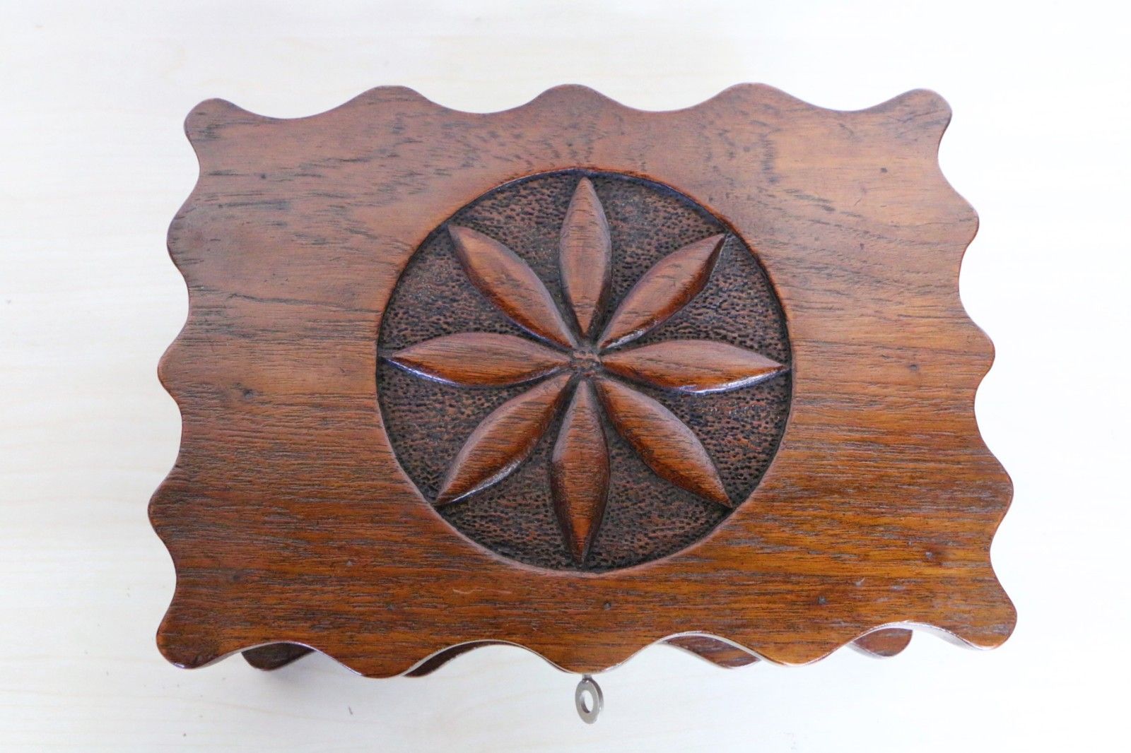 Antique Carved Box Mahogany Hinged + Lock Beautiful Design Arts & Crafts Period photo for sale