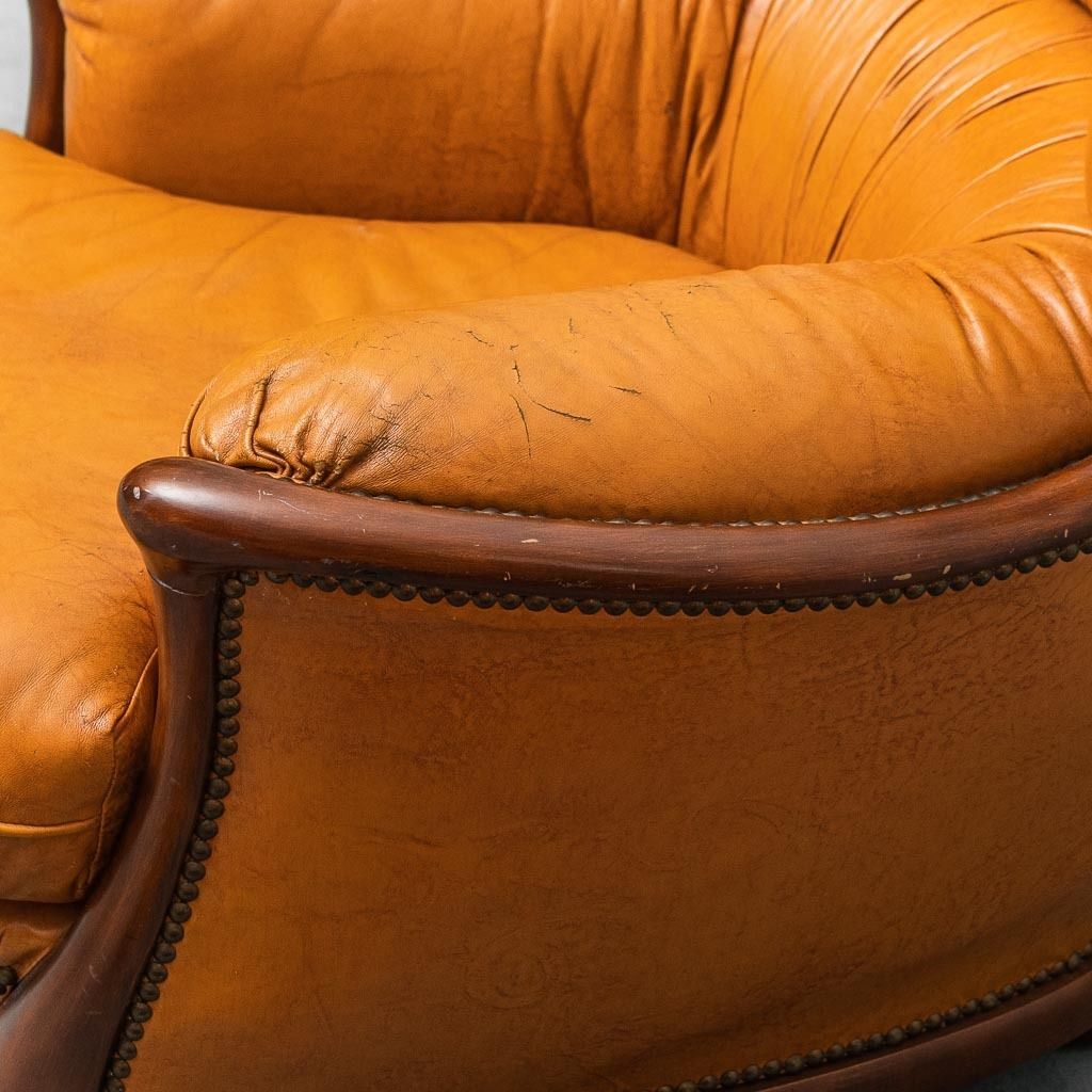 Pair Of 1950s Vintage Modern Leather And Wood Armchairs photo for sale