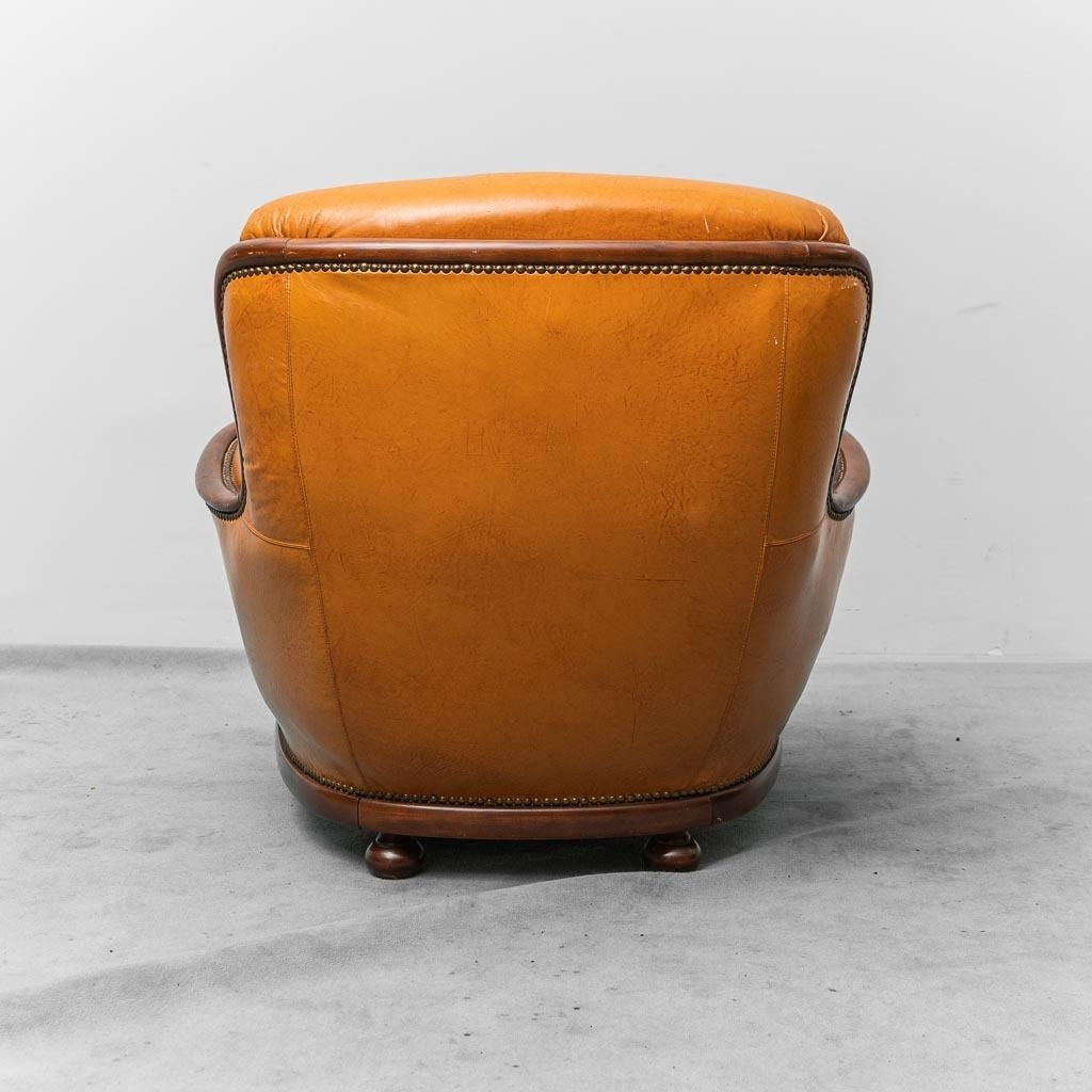 Pair Of 1950s Vintage Modern Leather And Wood Armchairs photo buy