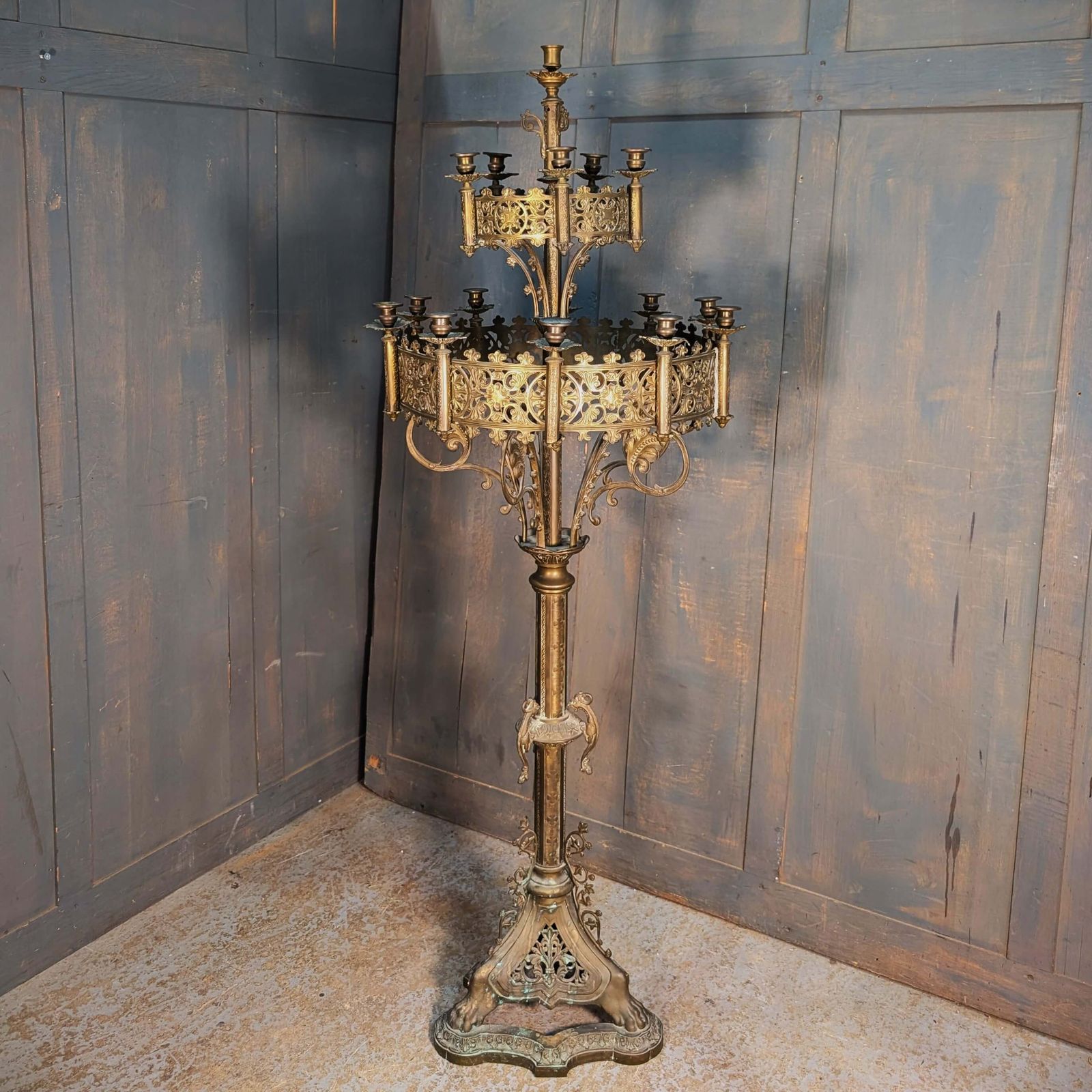 French Rocco Revival 1890’s Grand Eccleisistical Brass Floor Candleabra photo for sale