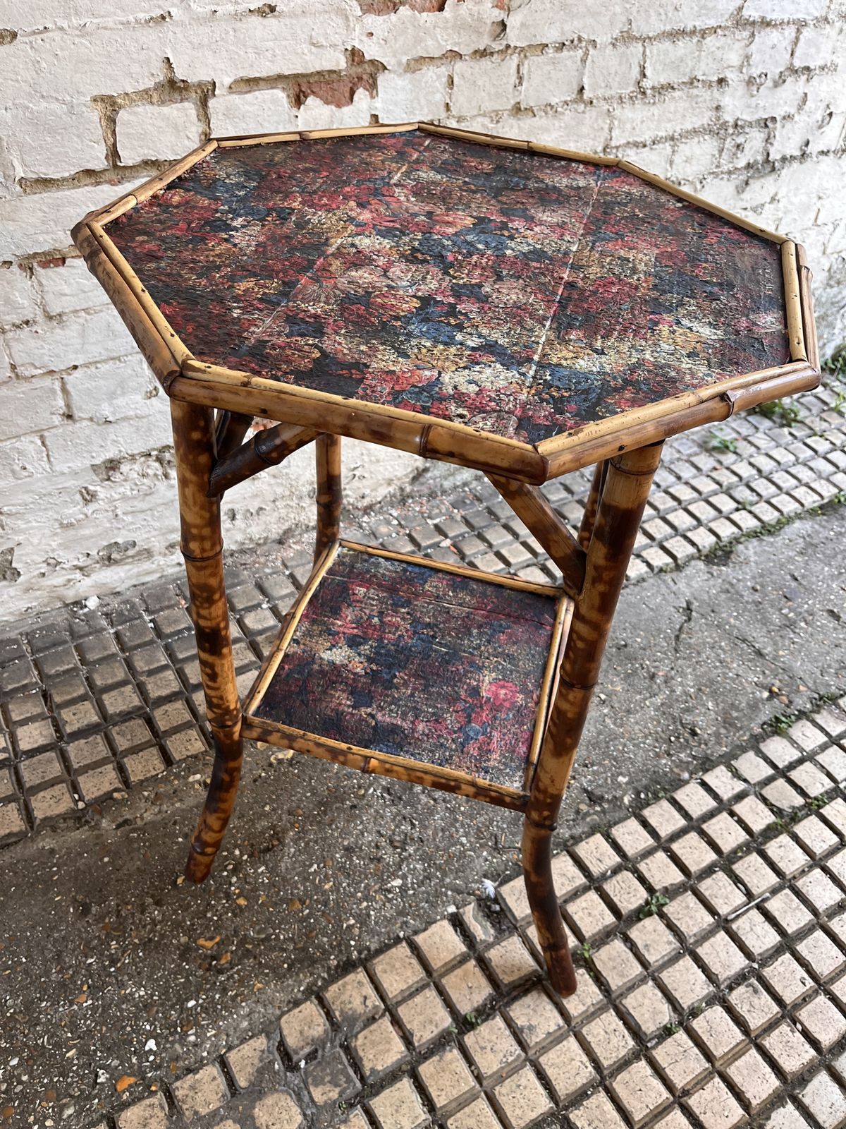 Edwardian Tiger Bamboo Side Table With Decoupage Detail photo vinterior