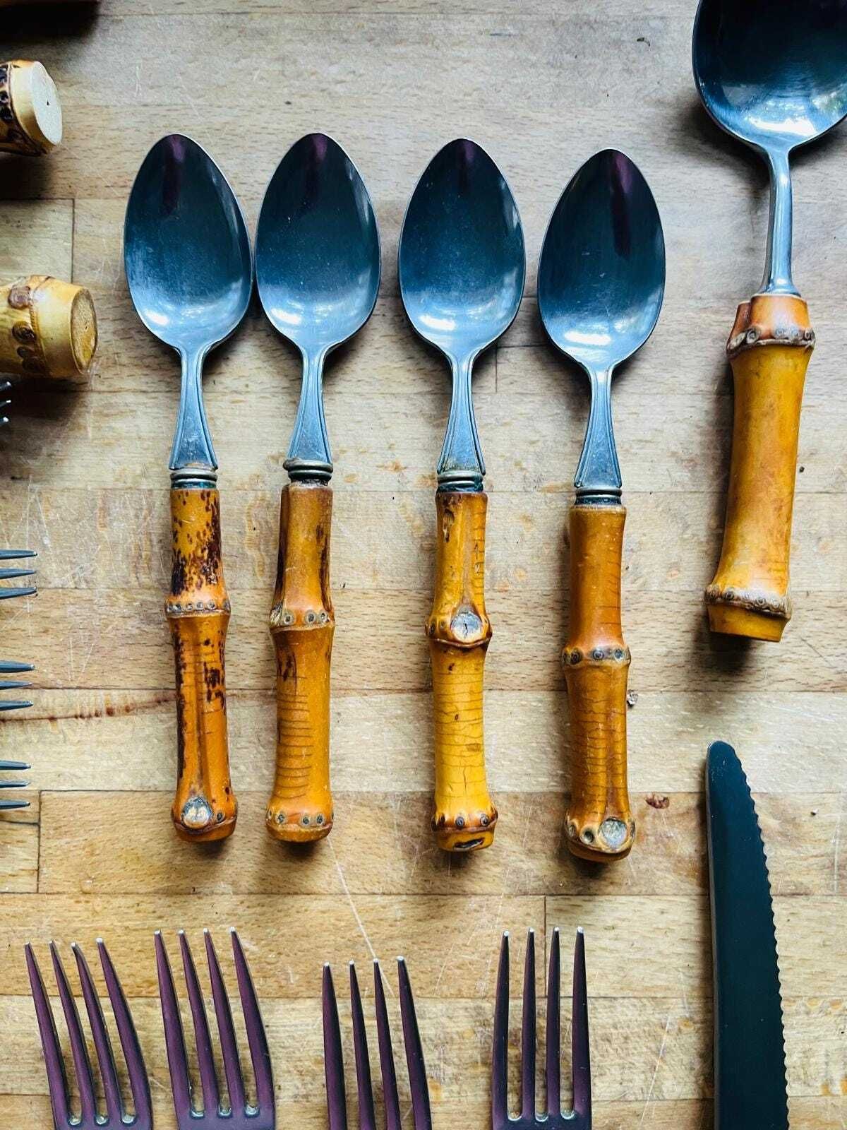 Vintage Bamboo Handled Stainless Steel Flatware Set Of 4 Place Settings photo vinterior