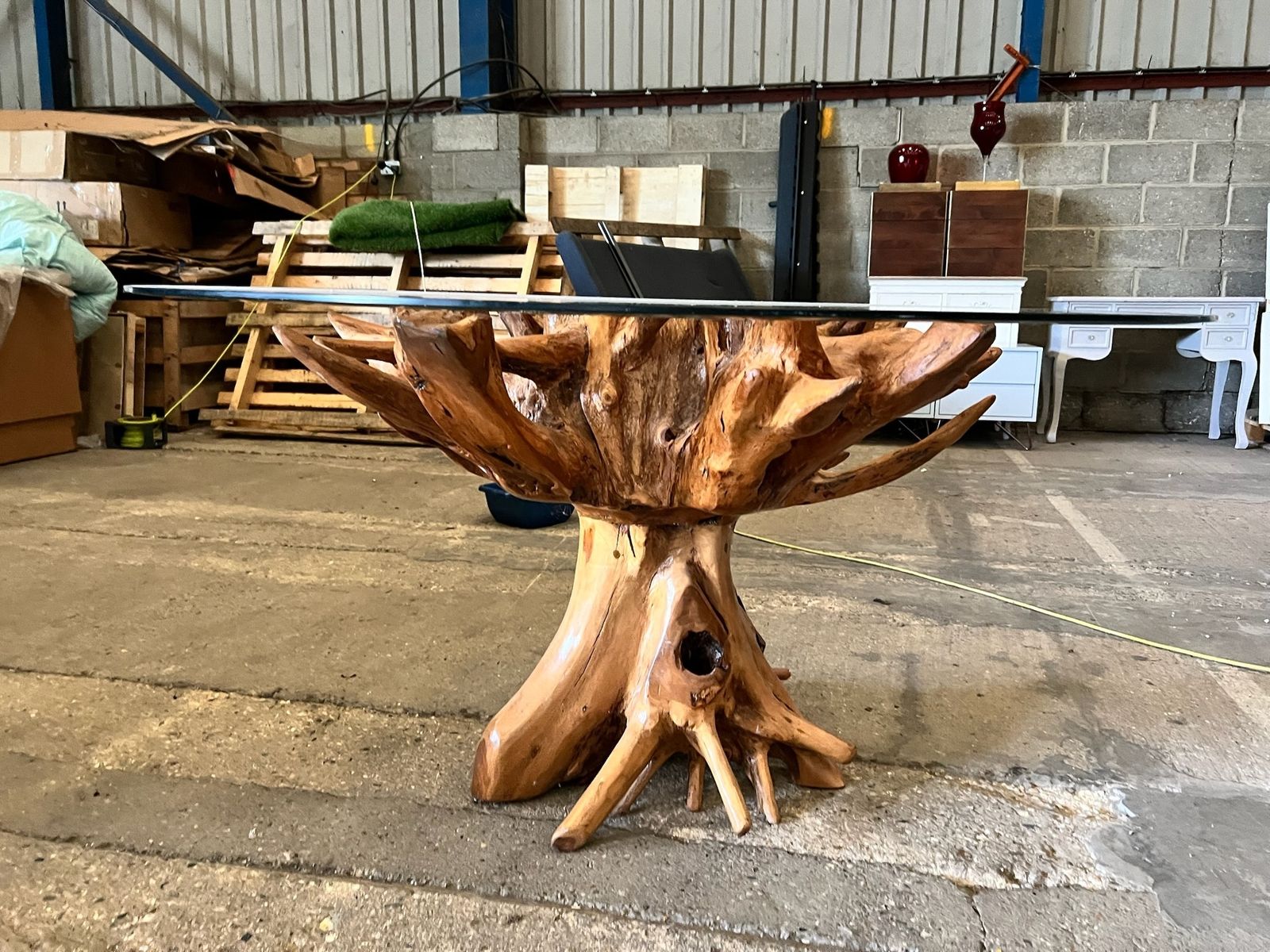 Teak Root Dining Table – 6 Seater With Glass Top (140cm Round) Rustic Natural Wood photo 800.0