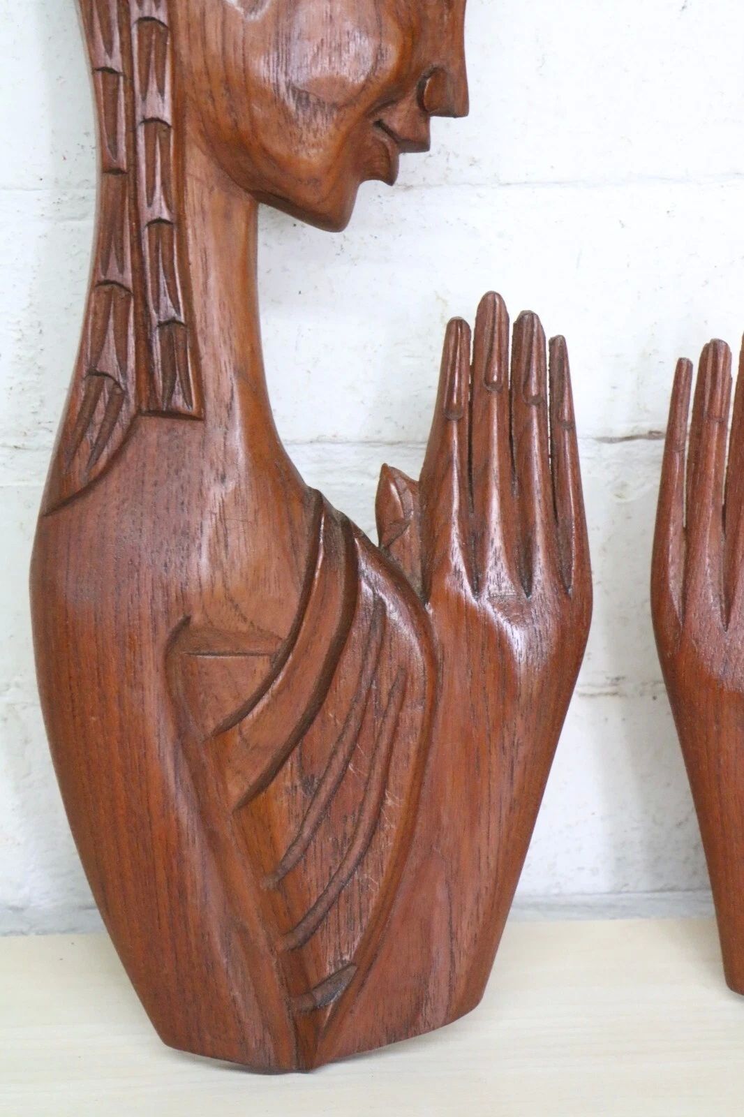 Pair Mid Century Retro Tretchikoff Era Carved Matching Wall Plaques Boy & Girl photo vinterior
