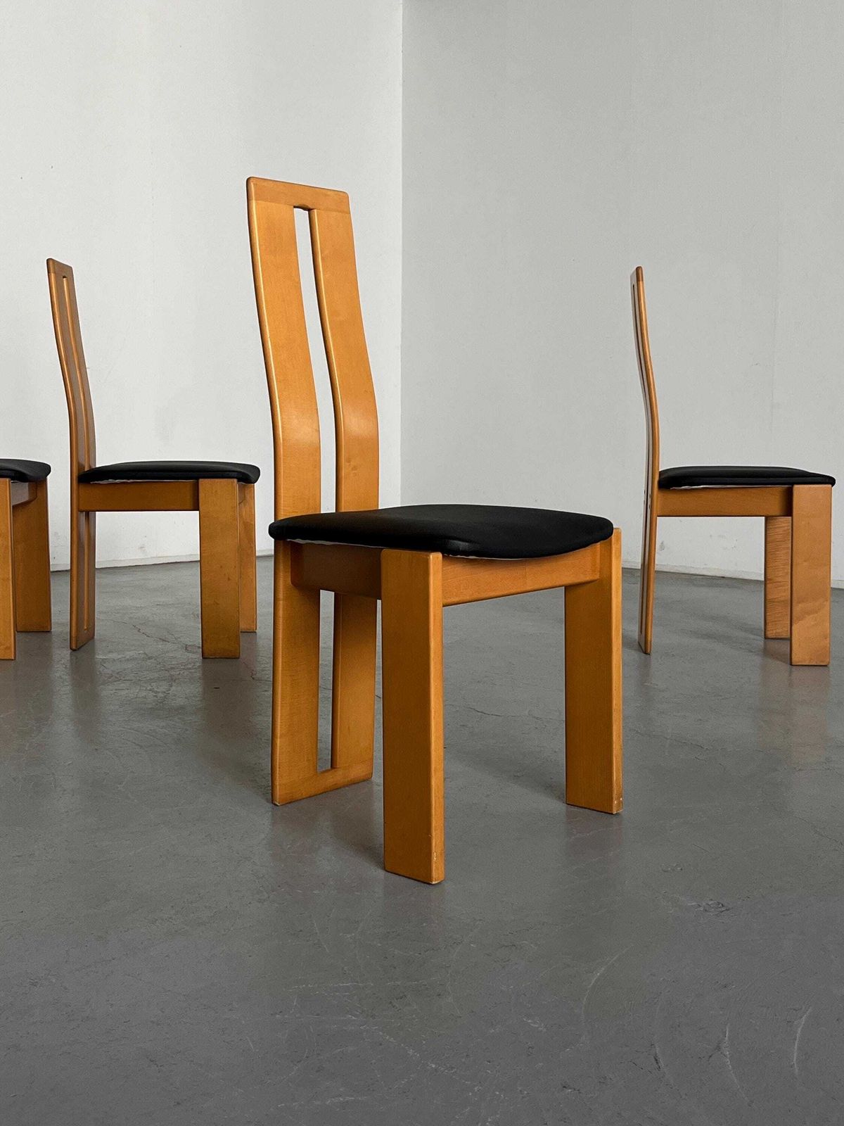 Set Of Four High Back Dining Chairs In Beechwood And Black Faux Leather In Style Of Pietro Constantini, 1970s Italy photo Furniture