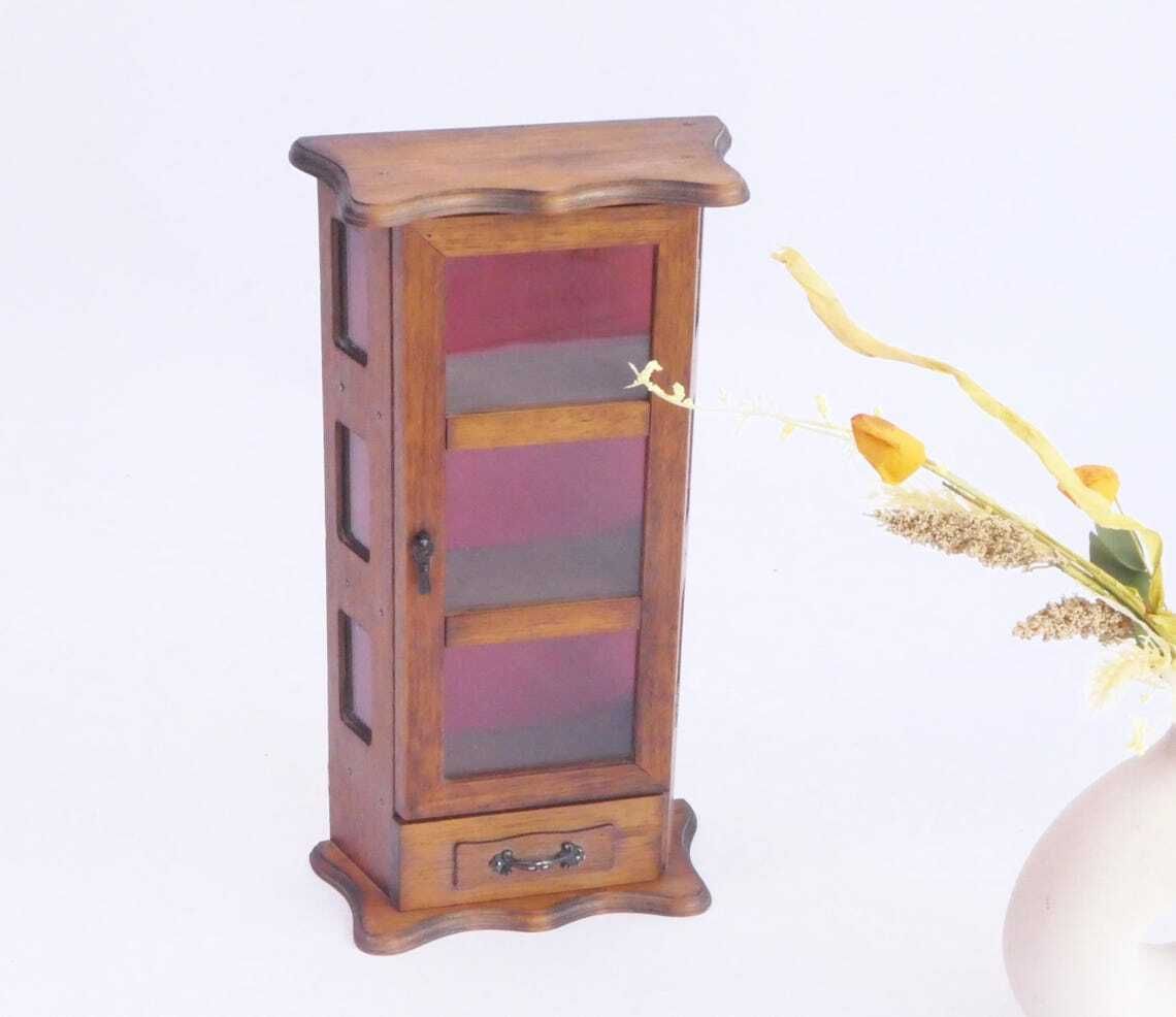 Small Wooden Curio Cabinet With Red Fabric Background, Standing Display Cabinet Trinket Cabinet