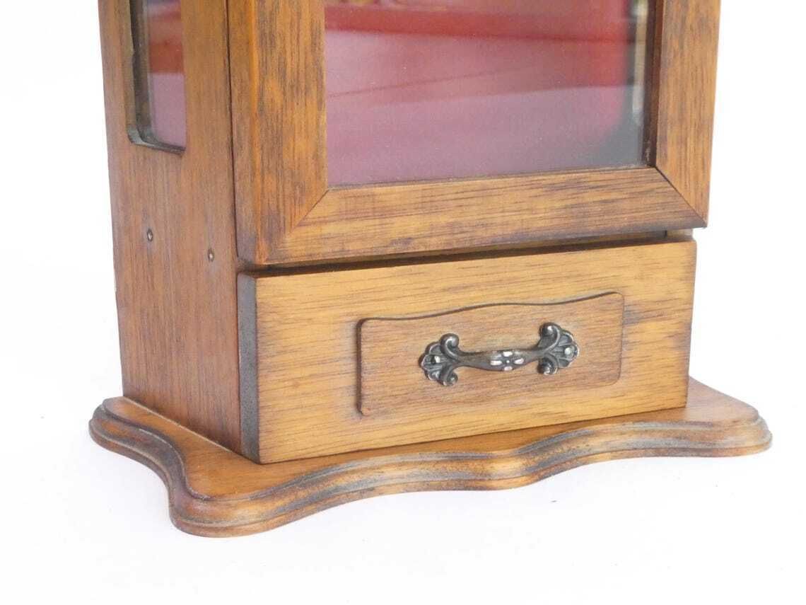 Small Wooden Curio Cabinet With Red Fabric Background, Standing Display Cabinet Trinket Cabinet photo Furniture