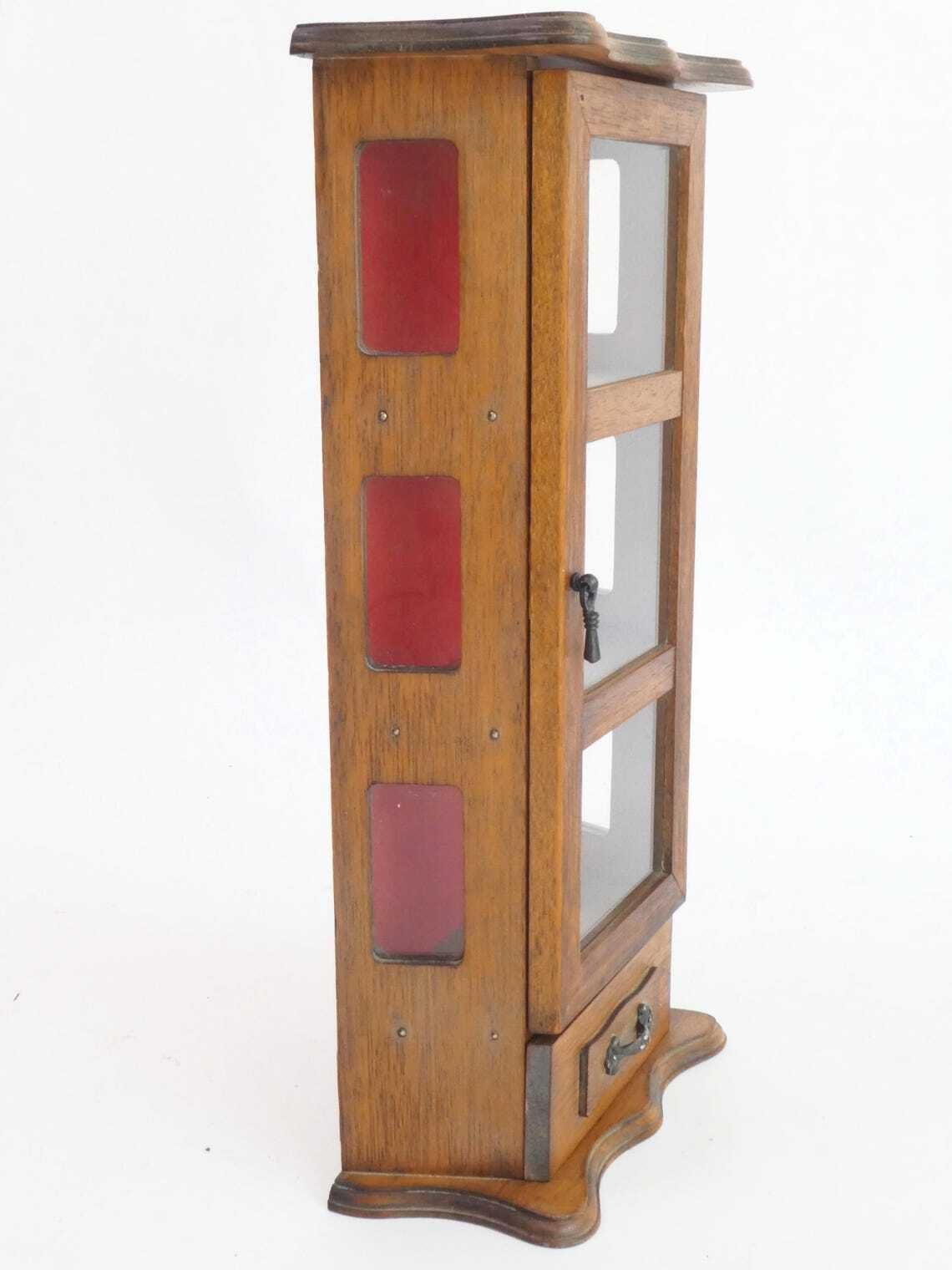 Small Wooden Curio Cabinet With Red Fabric Background, Standing Display Cabinet Trinket Cabinet photo buy