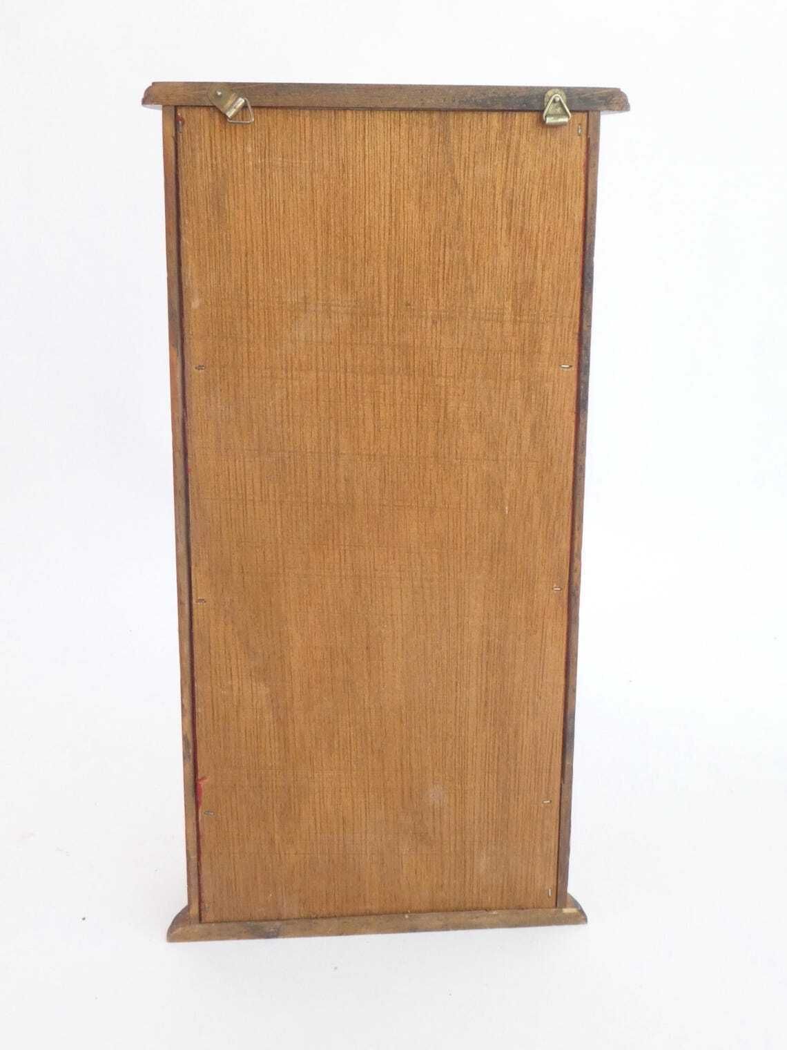 Small Wooden Curio Cabinet With Red Fabric Background, Standing Display Cabinet Trinket Cabinet photo vintage