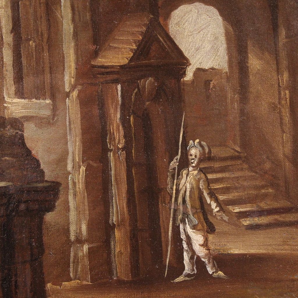 Antique Italian Painting From The 18th Century, Architectural Capriccio With Figures photo buy