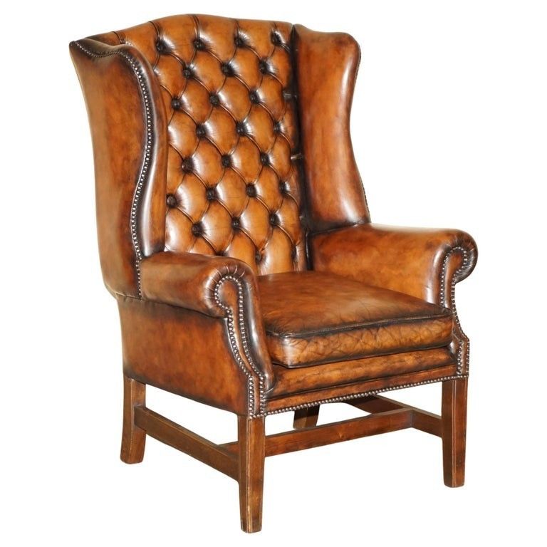 Comfortable Restored Whiskey Brown Leather Tufted Chesterfield Wingback Armchair