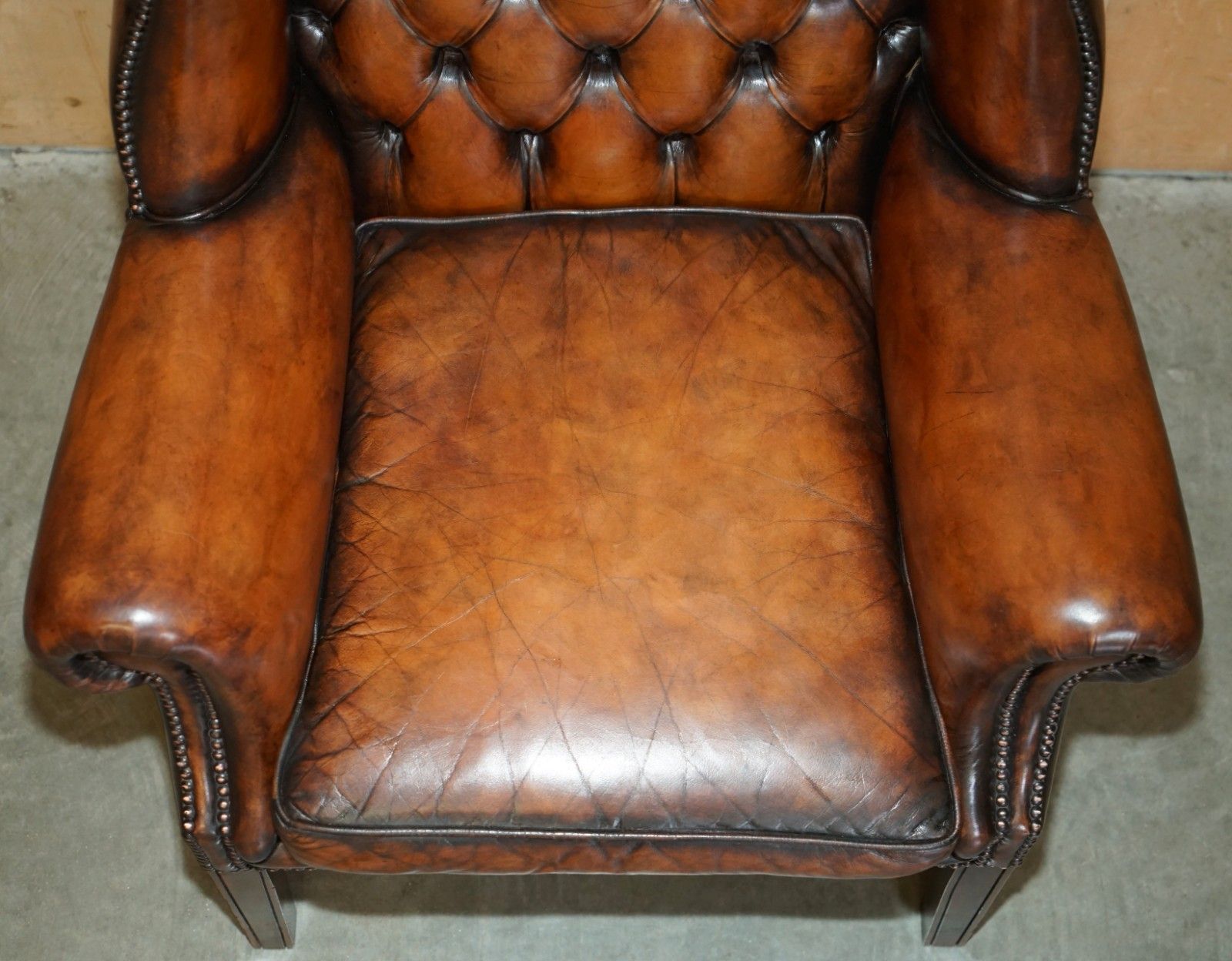 Comfortable Restored Whiskey Brown Leather Tufted Chesterfield Wingback Armchair photo buy