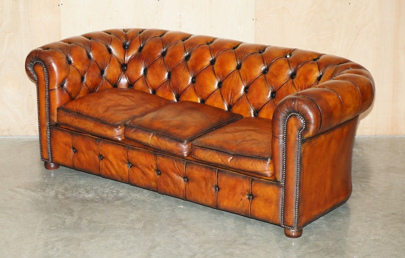 1930's Hand Dyed Restored Whiskey Brown Leather Chesterfield Tufted Club Sofa photo furniture