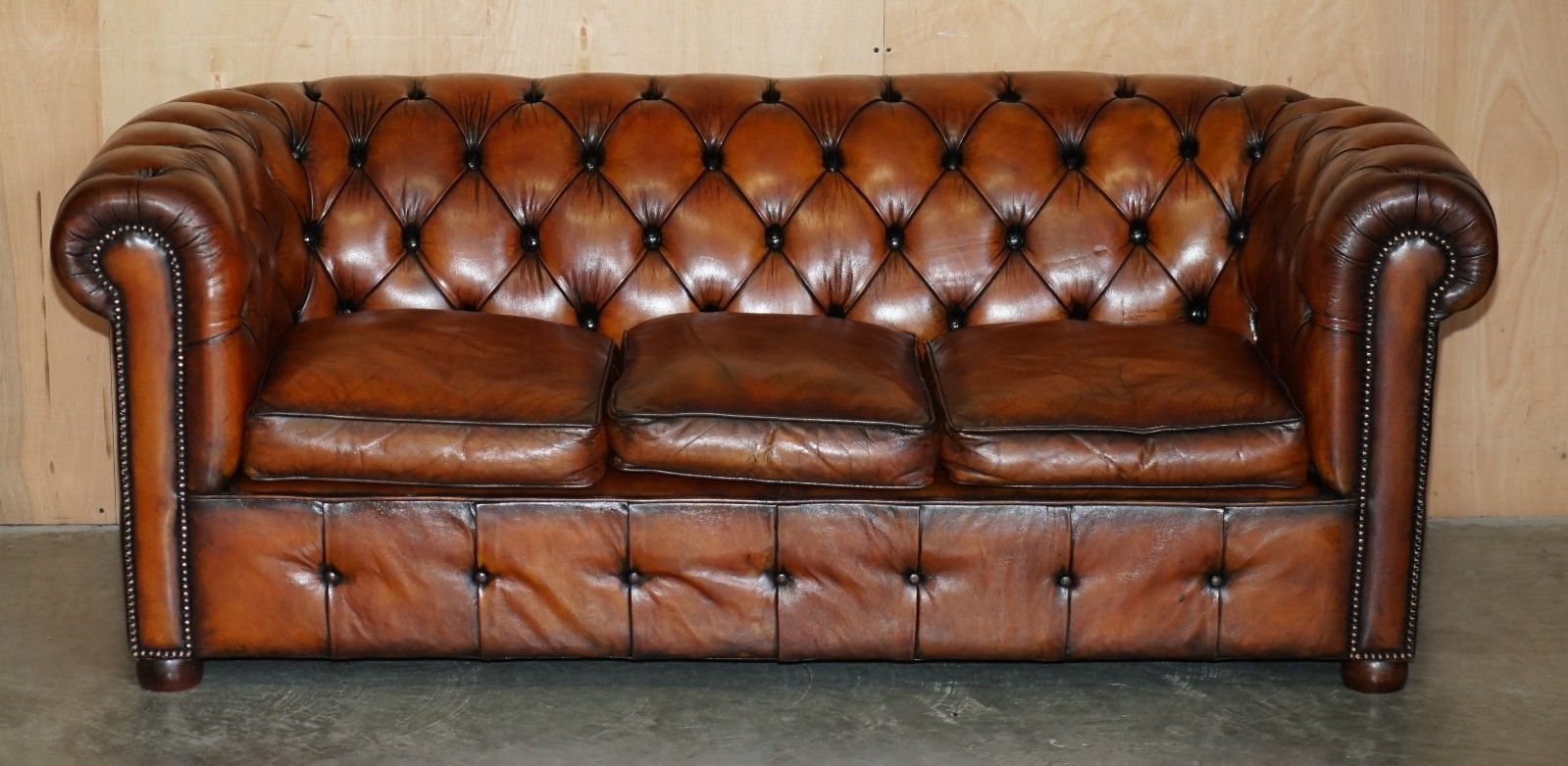 1930's Hand Dyed Restored Whiskey Brown Leather Chesterfield Tufted Club Sofa photo for sale