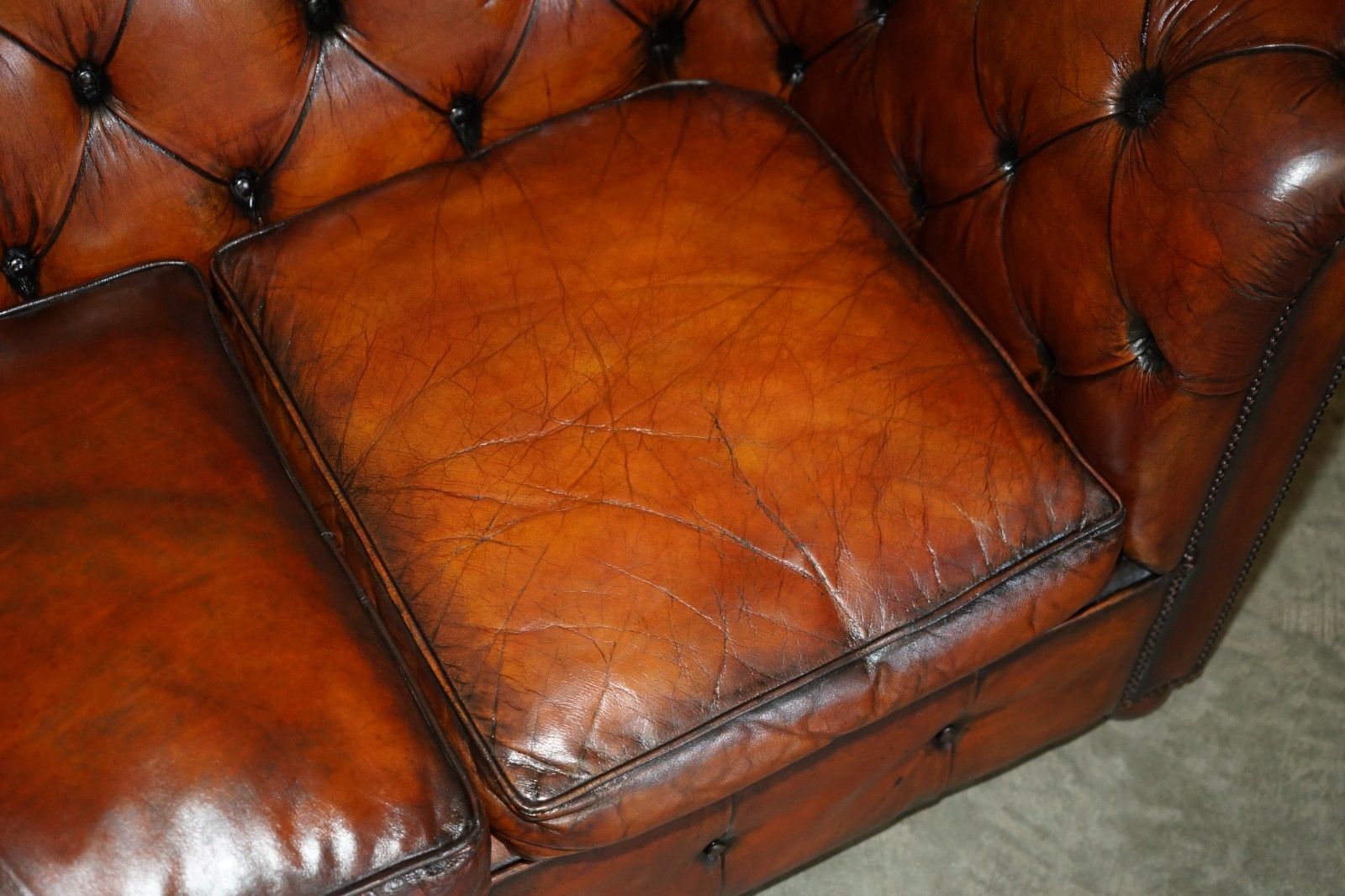 7950.0 1930's Hand Dyed Restored Whiskey Brown Leather Chesterfield Tufted Club Sofa photo