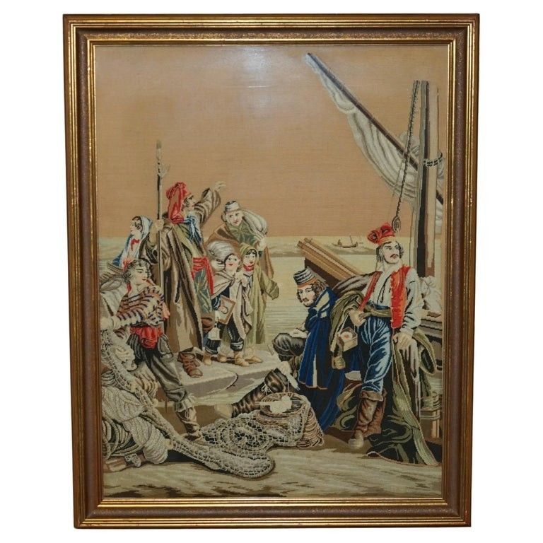 Antique French 19th Century Needlework Embroidery Tapestry Picture Of Sailors
