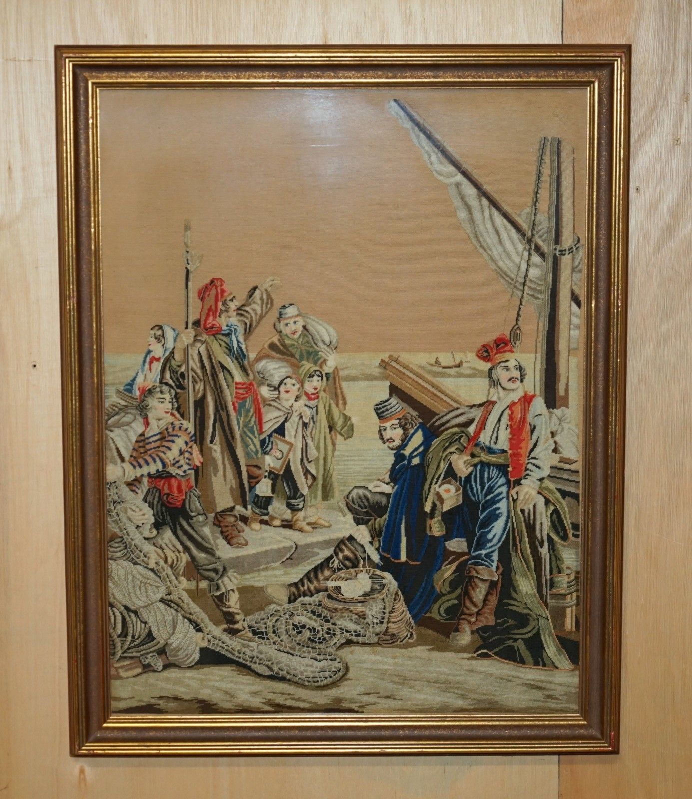 Antique French 19th Century Needlework Embroidery Tapestry Picture Of Sailors photo furniture