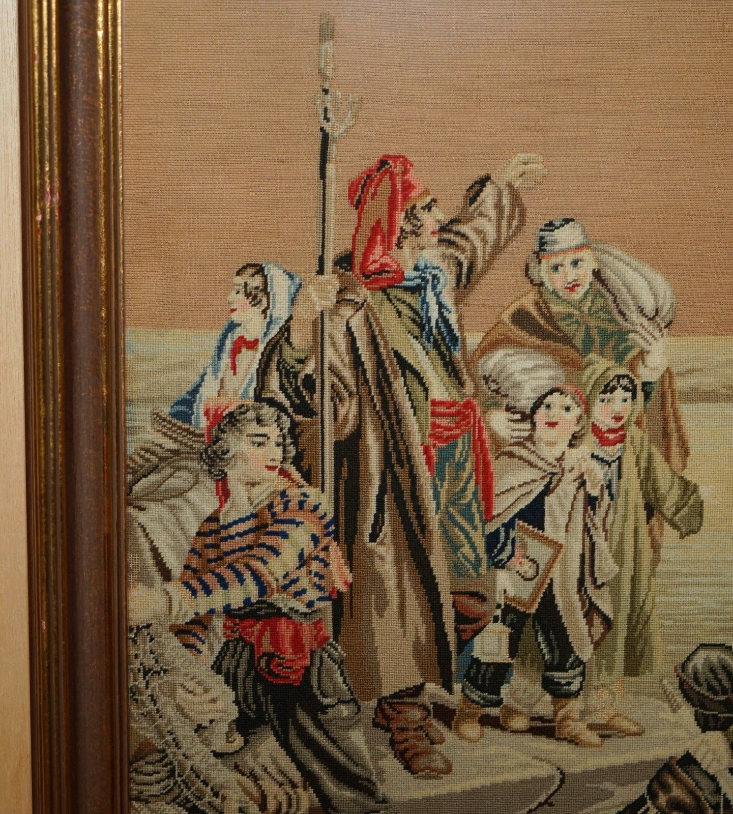 Antique French 19th Century Needlework Embroidery Tapestry Picture Of Sailors photo vintage