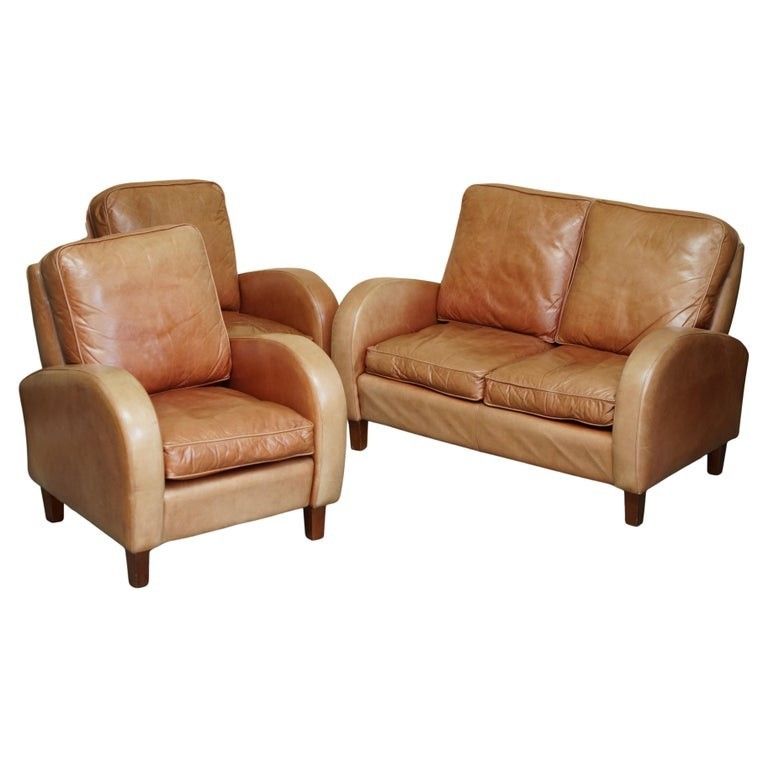 Brights Of Nettlebed Brown Leather Art Deco Sofa & Pair Of Armchairs Suite