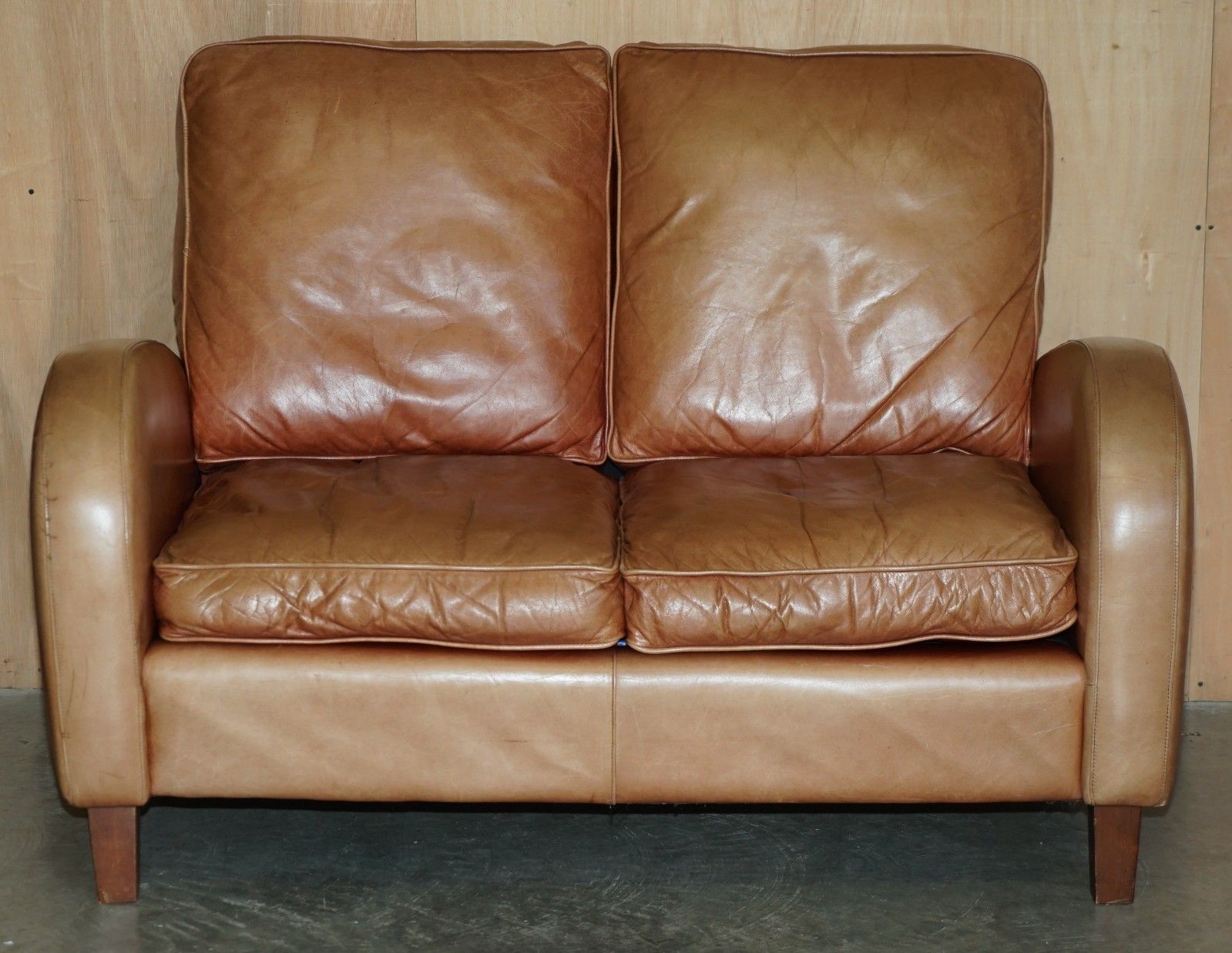 Brights Of Nettlebed Brown Leather Art Deco Sofa & Pair Of Armchairs Suite photo for sale