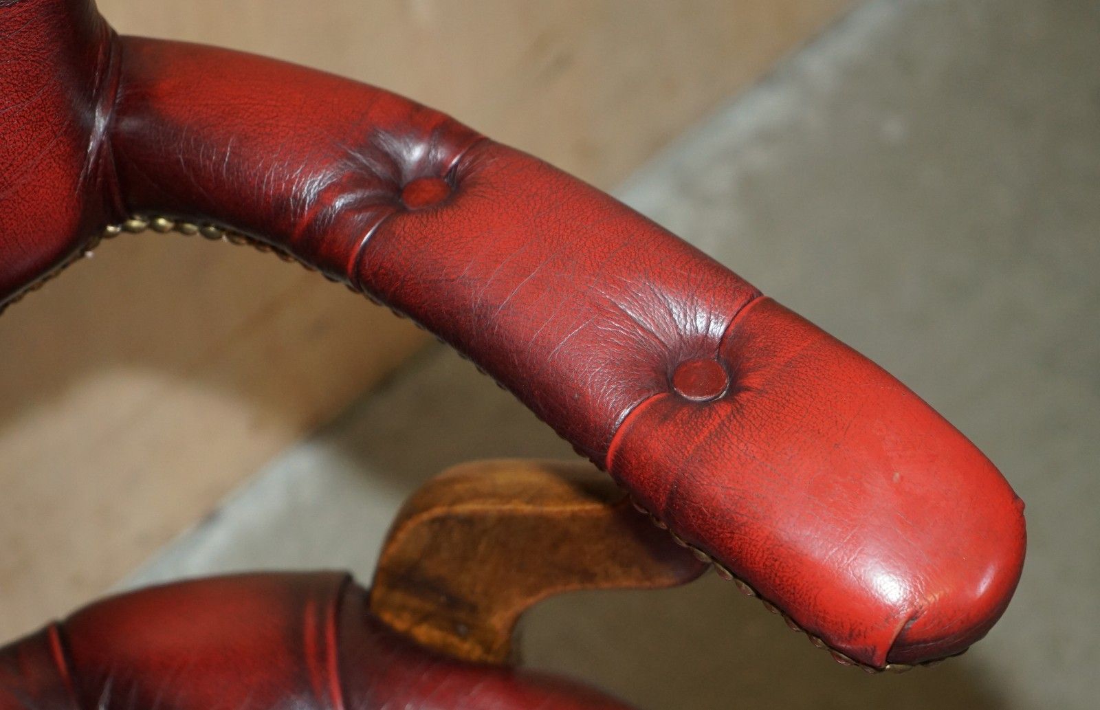 photo for sale Fine Antique Victorian Chesterfield Tufted Oxblood Leather Captains Swivel Chair