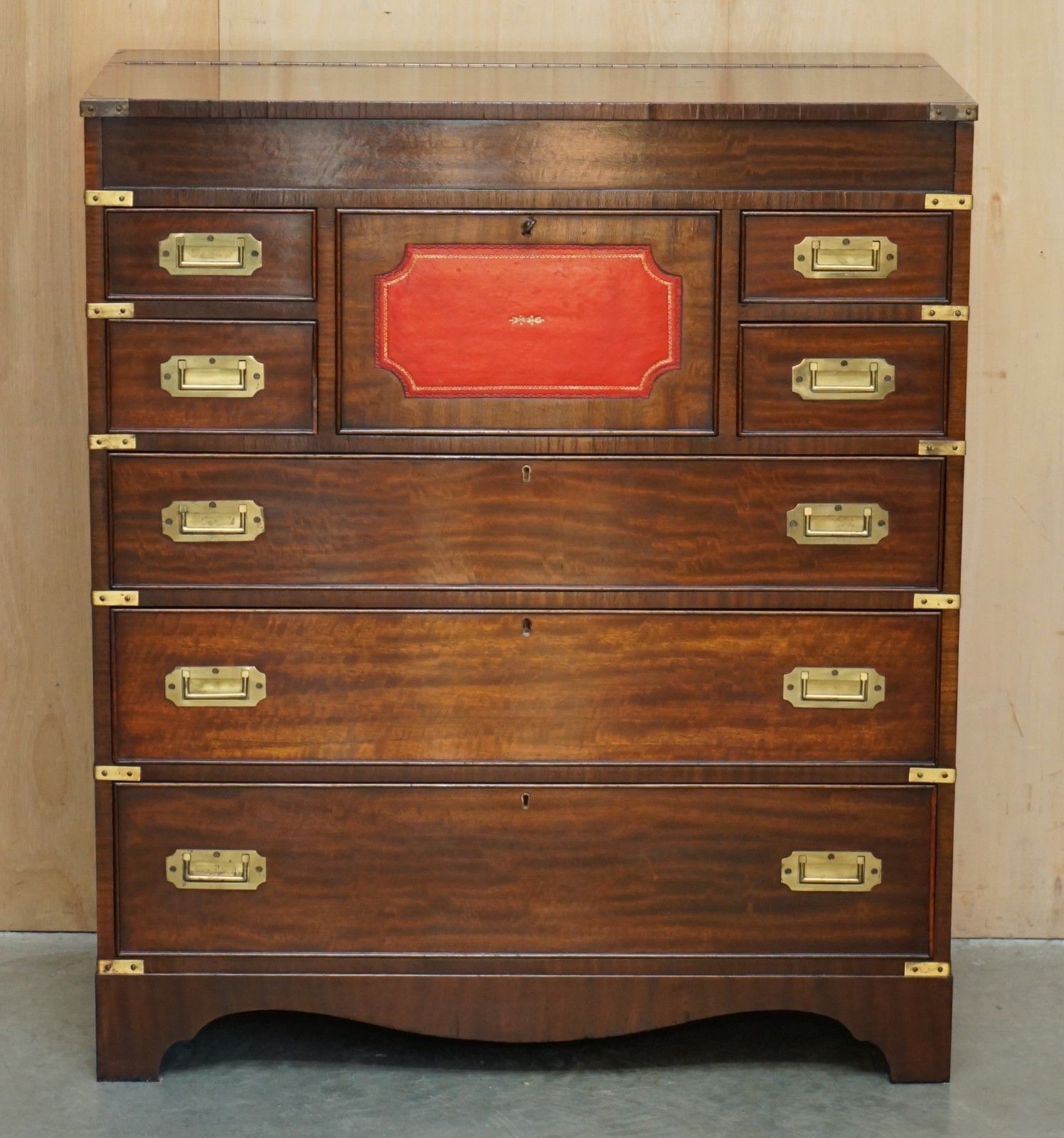Fine Vintage Mahogany Brass & Oxblood Leather Military Campaign Chest Of Drawers photo for sale