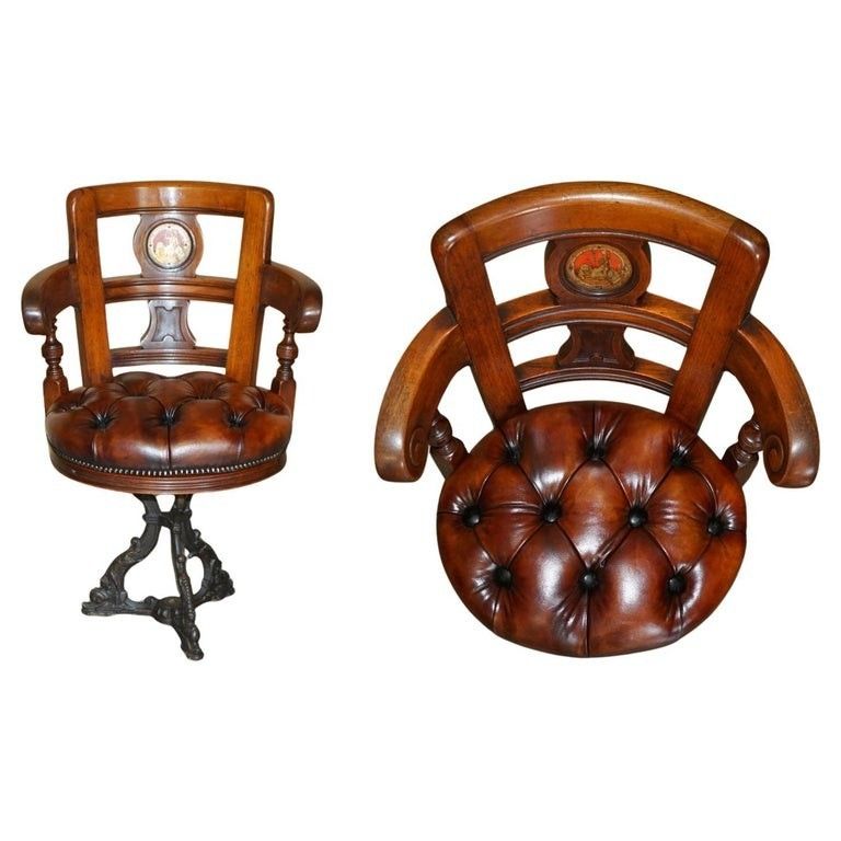 Antique Victorian Restored Brown Leather Chesterfield Tufted Captains Armchair