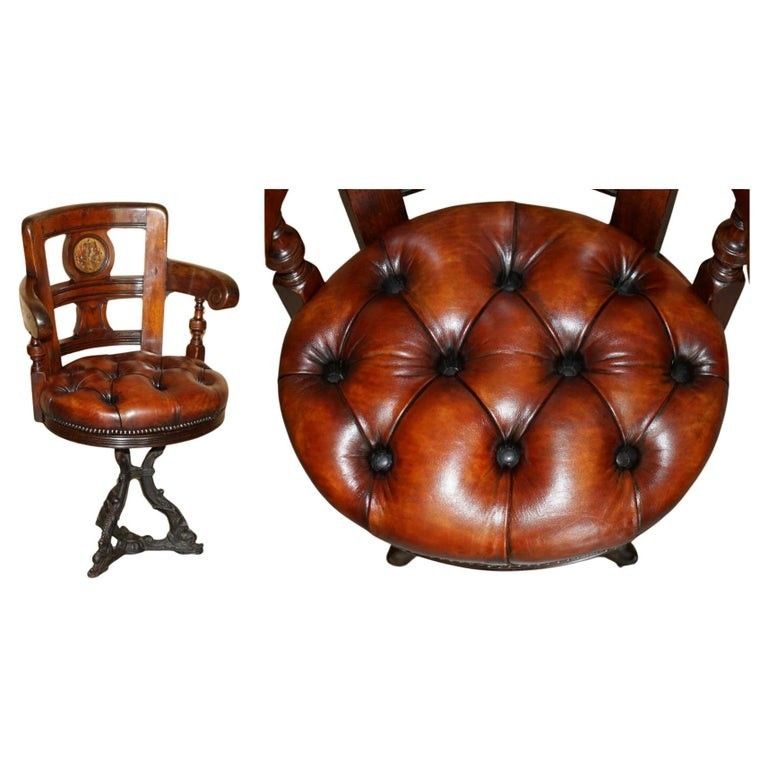 Antique Victorian Restored Brown Leather Chesterfield Tufted Captains Chair