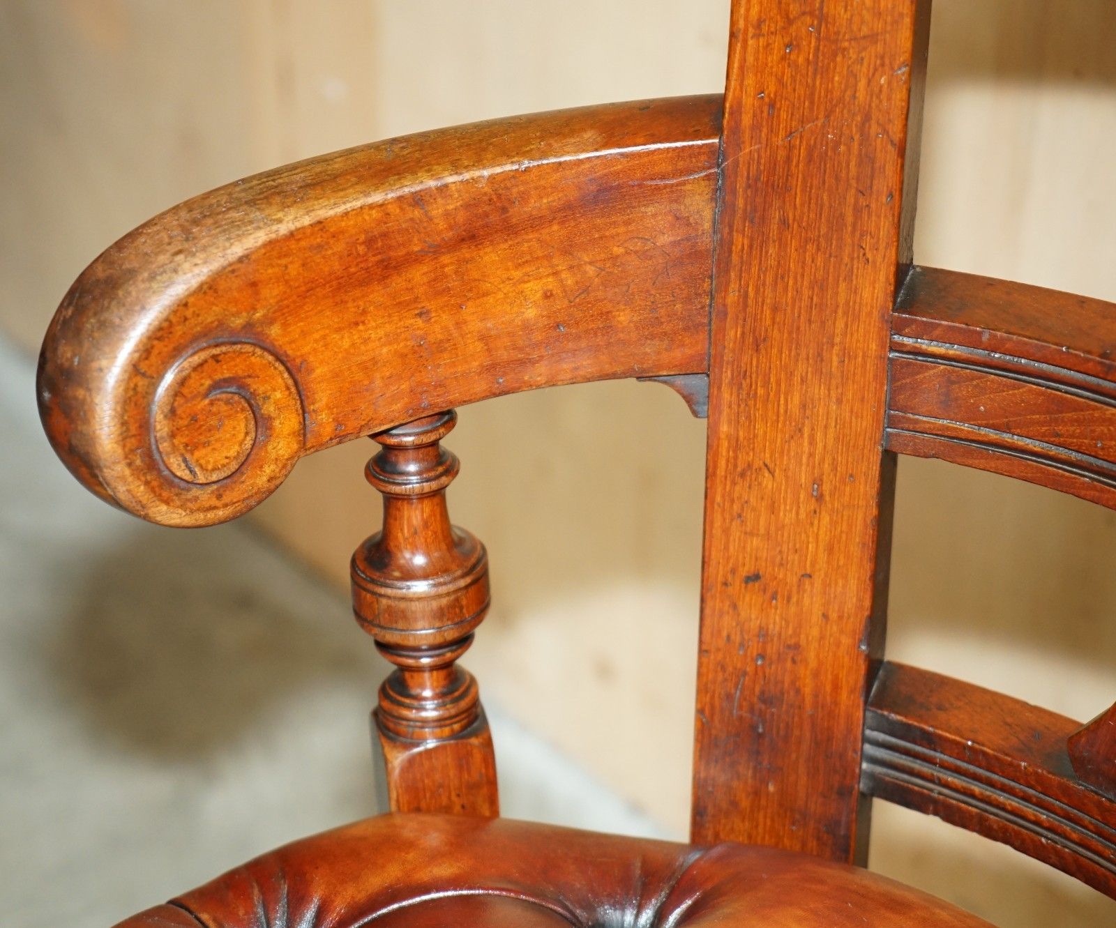 Antique Victorian Restored Brown Leather Chesterfield Tufted Captains Chair photo vintage