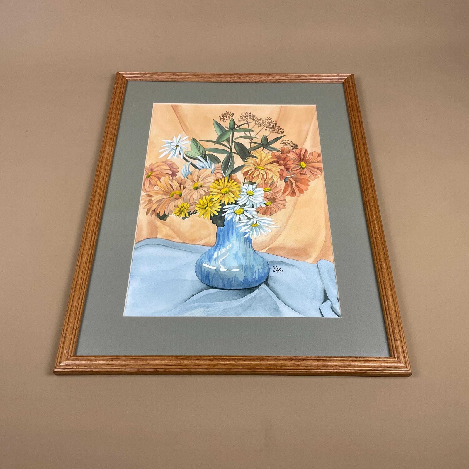 Vintage Watercolour Painting Still Life Floral Picture Flowers Wooden Frame Original Art Artwork Rectangle Portrait Wall Hanging Vase