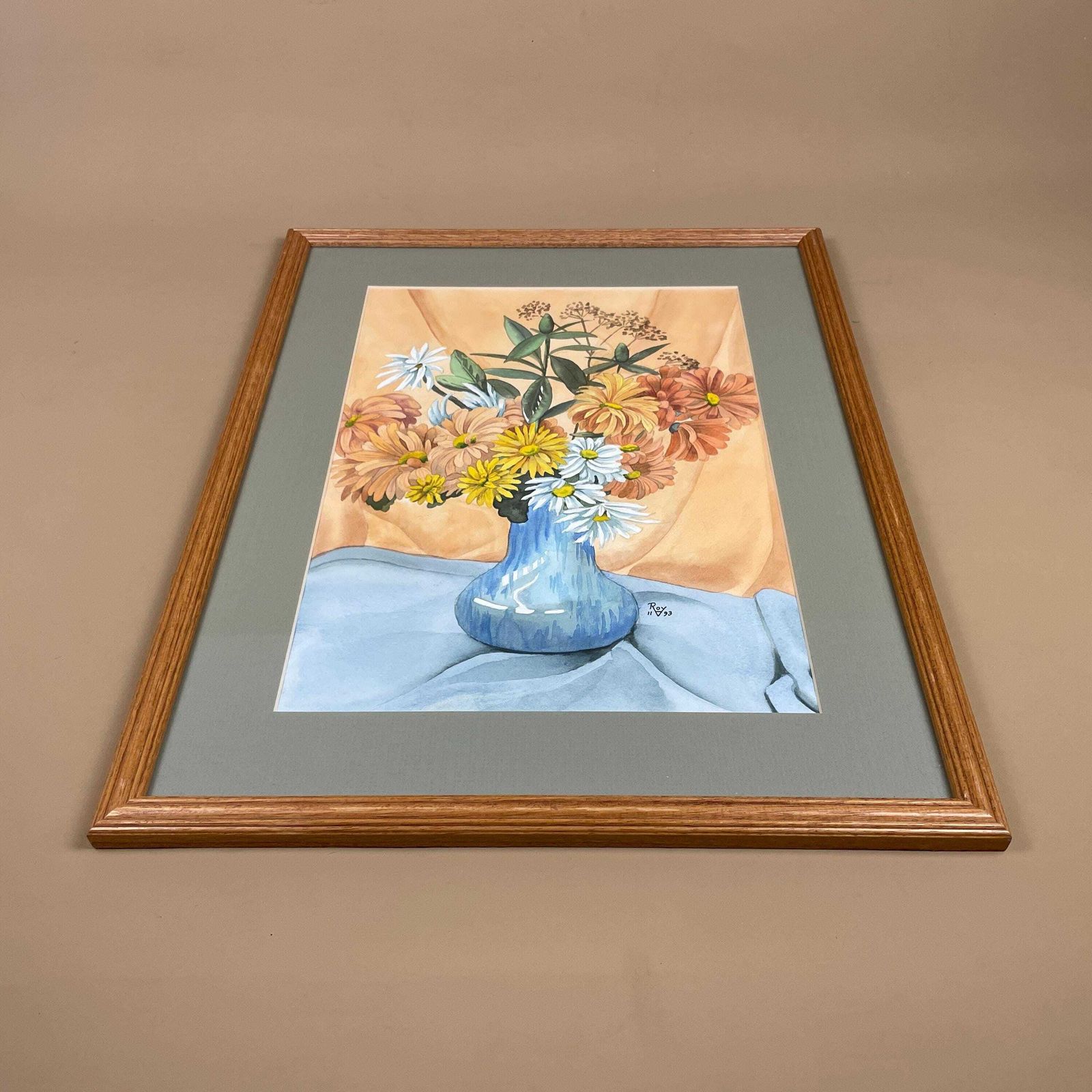 Vintage Watercolour Painting Still Life Floral Picture Flowers Wooden Frame Original Art Artwork Rectangle Portrait Wall Hanging Vase photo for sale