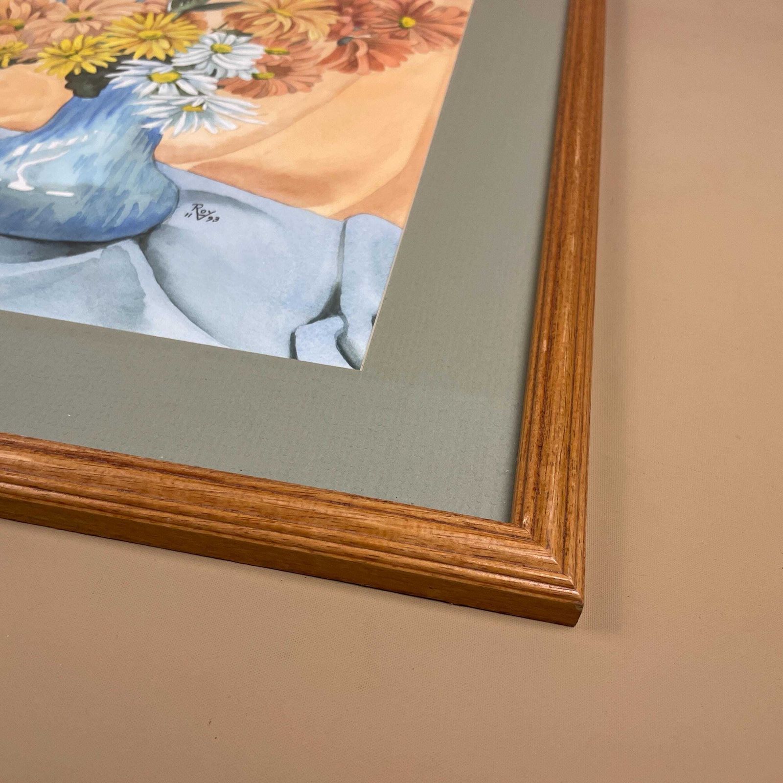 Vintage Watercolour Painting Still Life Floral Picture Flowers Wooden Frame Original Art Artwork Rectangle Portrait Wall Hanging Vase photo vinterior