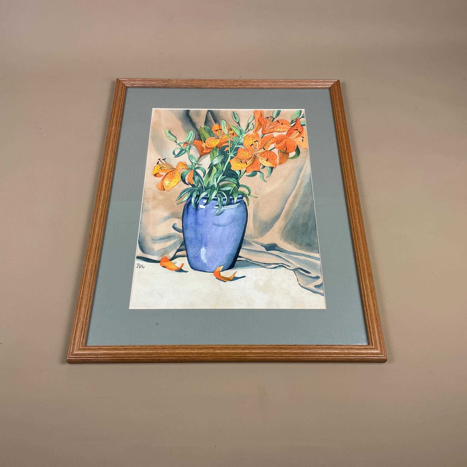 Vintage Watercolour Painting Still Life Floral Picture Flowers Wooden Frame Original Art Artwork Rectangle Portrait Wall Hanging Vase