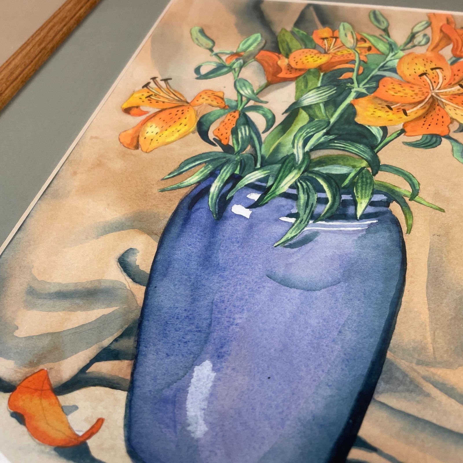 Vintage Watercolour Painting Still Life Floral Picture Flowers Wooden Frame Original Art Artwork Rectangle Portrait Wall Hanging Vase photo Art
