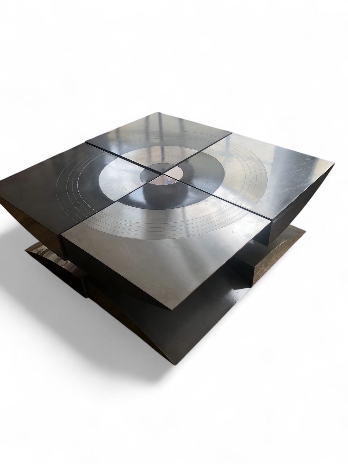 Brutalist Modular Target Coffee Table In Polished Stainless Steel   Space Age 1970's