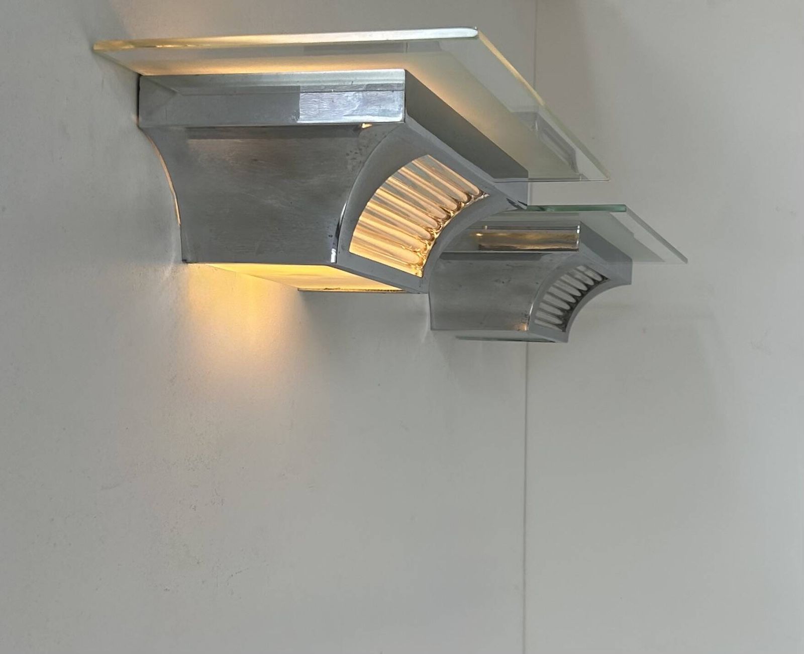 Pair Of Modernist Henri Petitot Wall Lights, Chrome Plated Brass, France, 1930 photo for sale