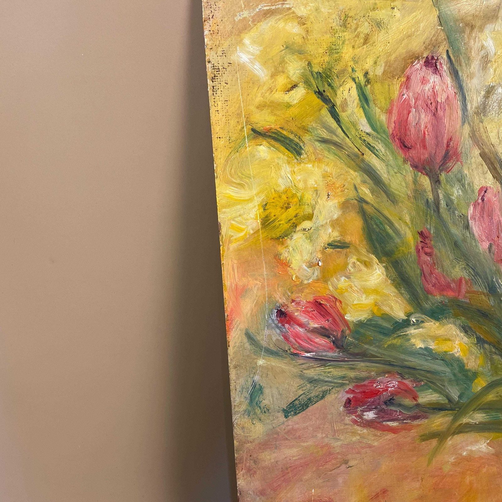 Antique Floral Oil Painting Picture Vintage Flowers Painted Art Original Oils Oil Rectangle Landscape Bunch Pot Vase Yellow 46x61cm photo 79.0