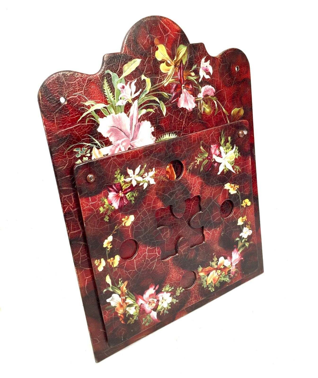 Antique Victorian Papier Mache Hand Painted Wall Hanging Floral Letter Rack photo 139.0