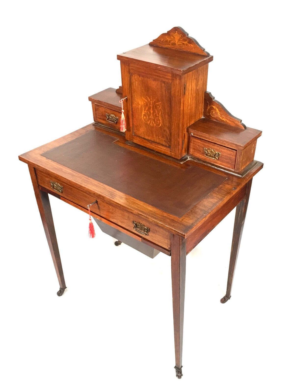 Victorian 19th Century Wooden Ladies Desk And Drawers With Leather And Key C.1890
