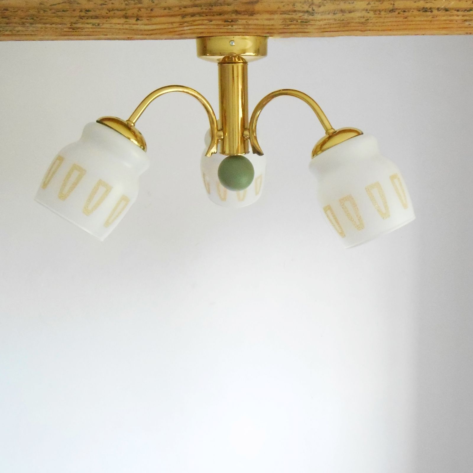 A Mid Century Modern Three Armed Brass Chandelier With Frosted Glass Shades photo 265.0