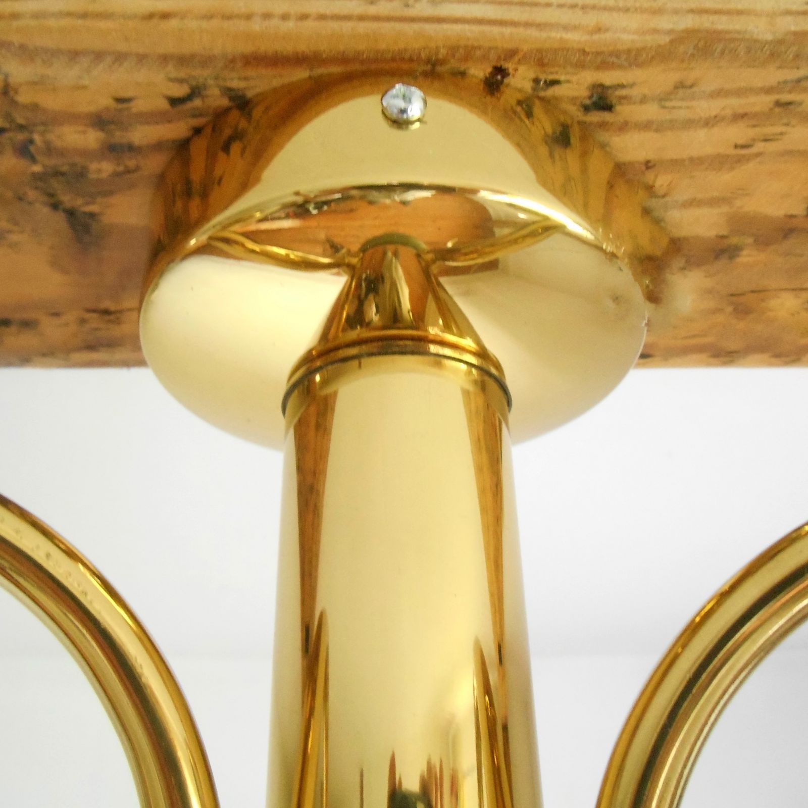 photo for sale A Mid Century Modern Three Armed Brass Chandelier With Frosted Glass Shades