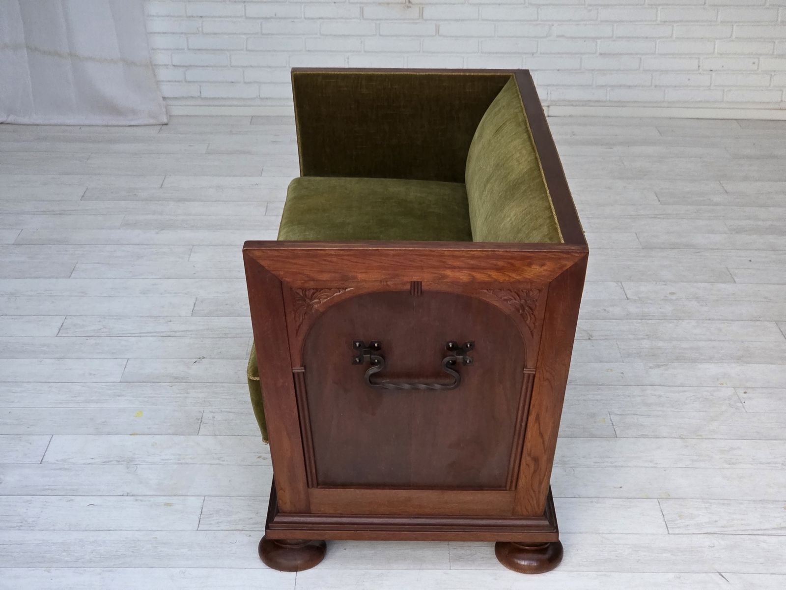 1950s, Danish 2 Seater Sofa, Original Green Furniture Velour, Oak Wood. photo 1570.0