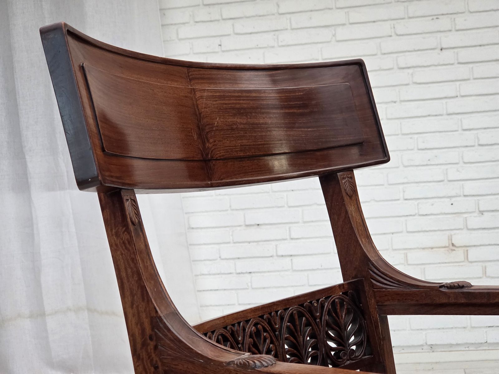 1920 30s, Set Of 2 Armchairs, Design After Georges Jacob, Carved Teak Wood, Leather, Reupholstered. photo 2800.0